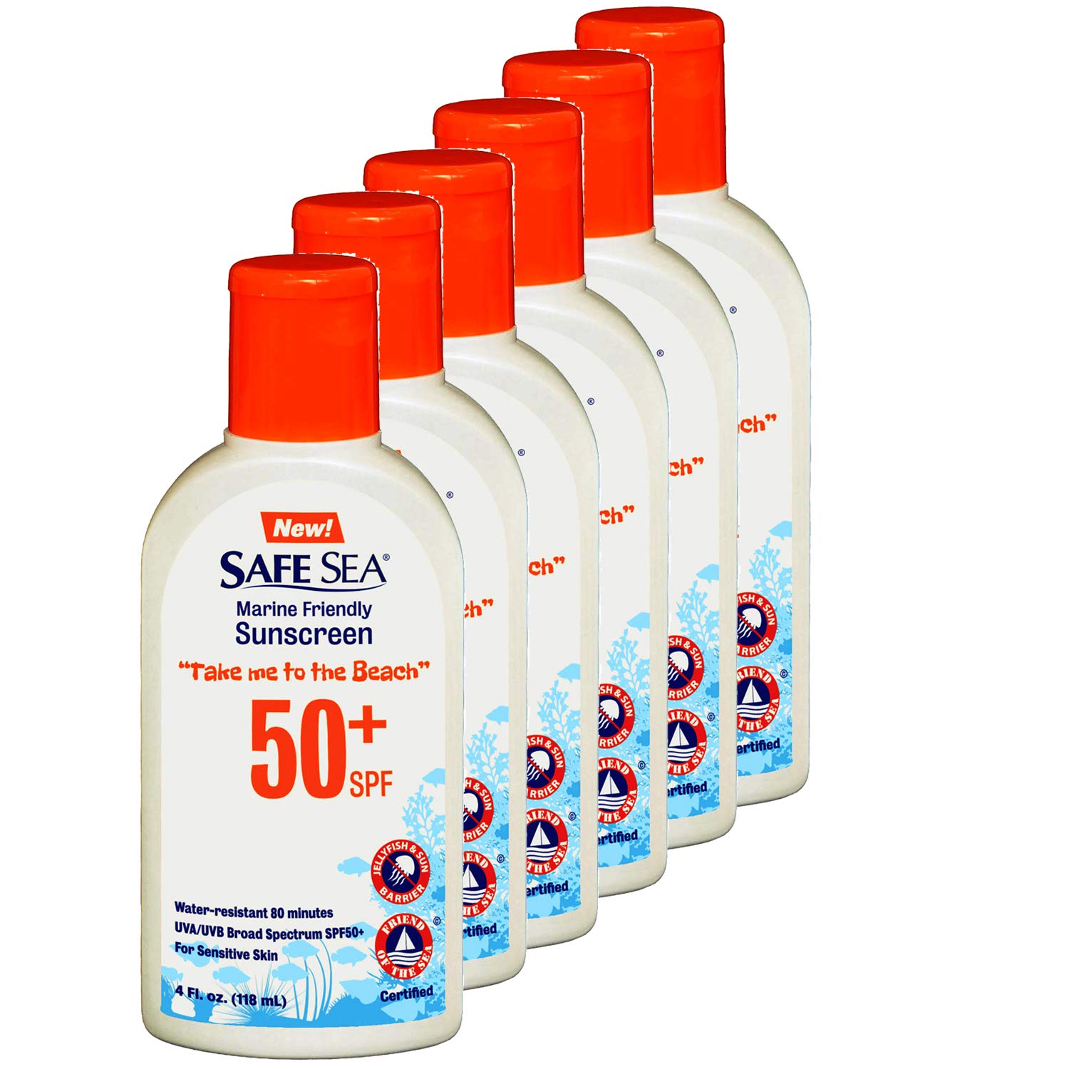 Safe Sea Anti Jellyfish Sunblock, SPF50 Lotion for Adults & Kids, Protects Against Jelly & Sea Lice Stings, Hypoallergenic (SPF50, 4oz Bottle, Pack of 6)