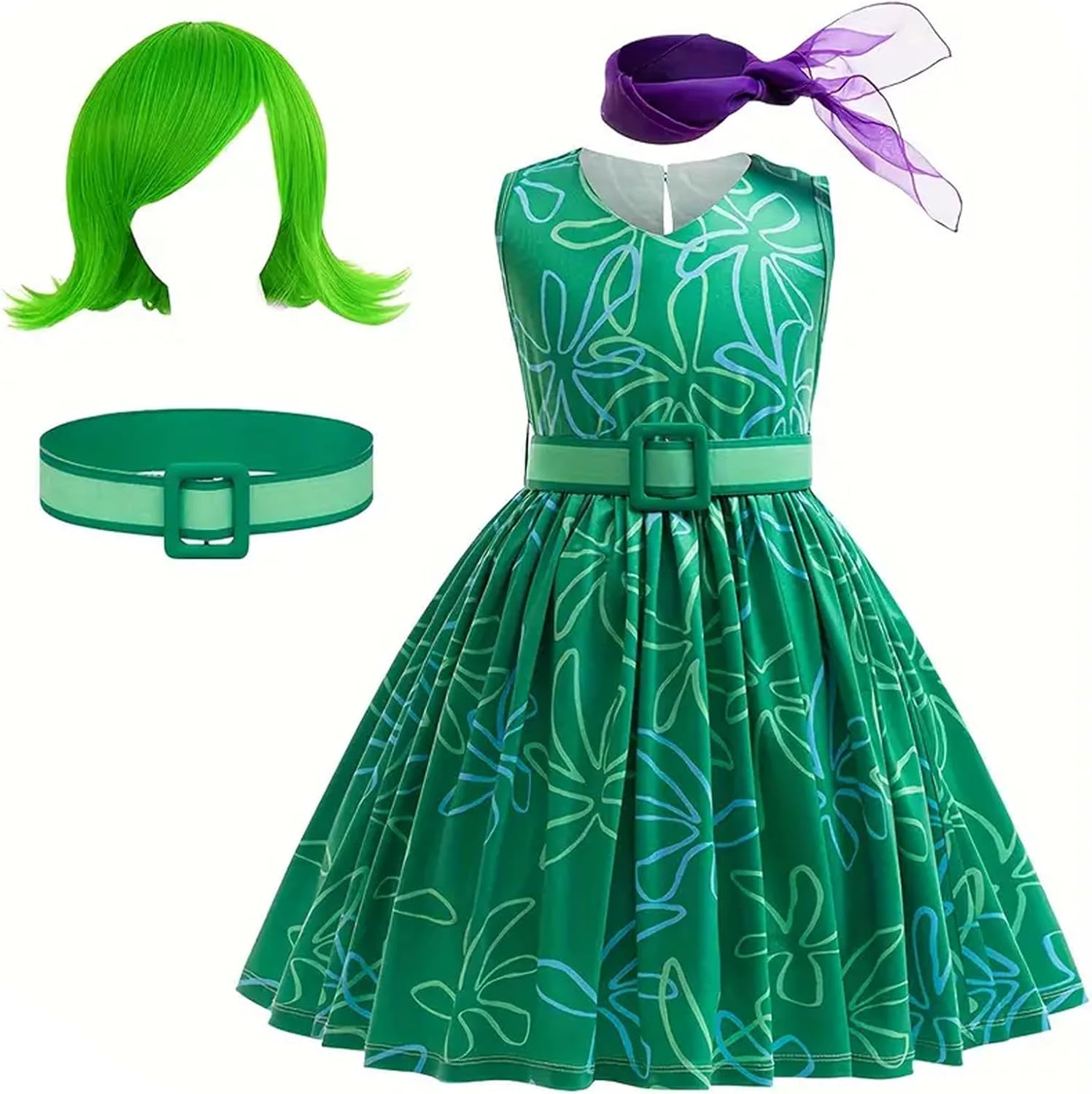 WYB Girls Green Disgust Costume Joy Cosplay Dress Party Cosplay Dress up Birthday Christmas Outfits with Wig