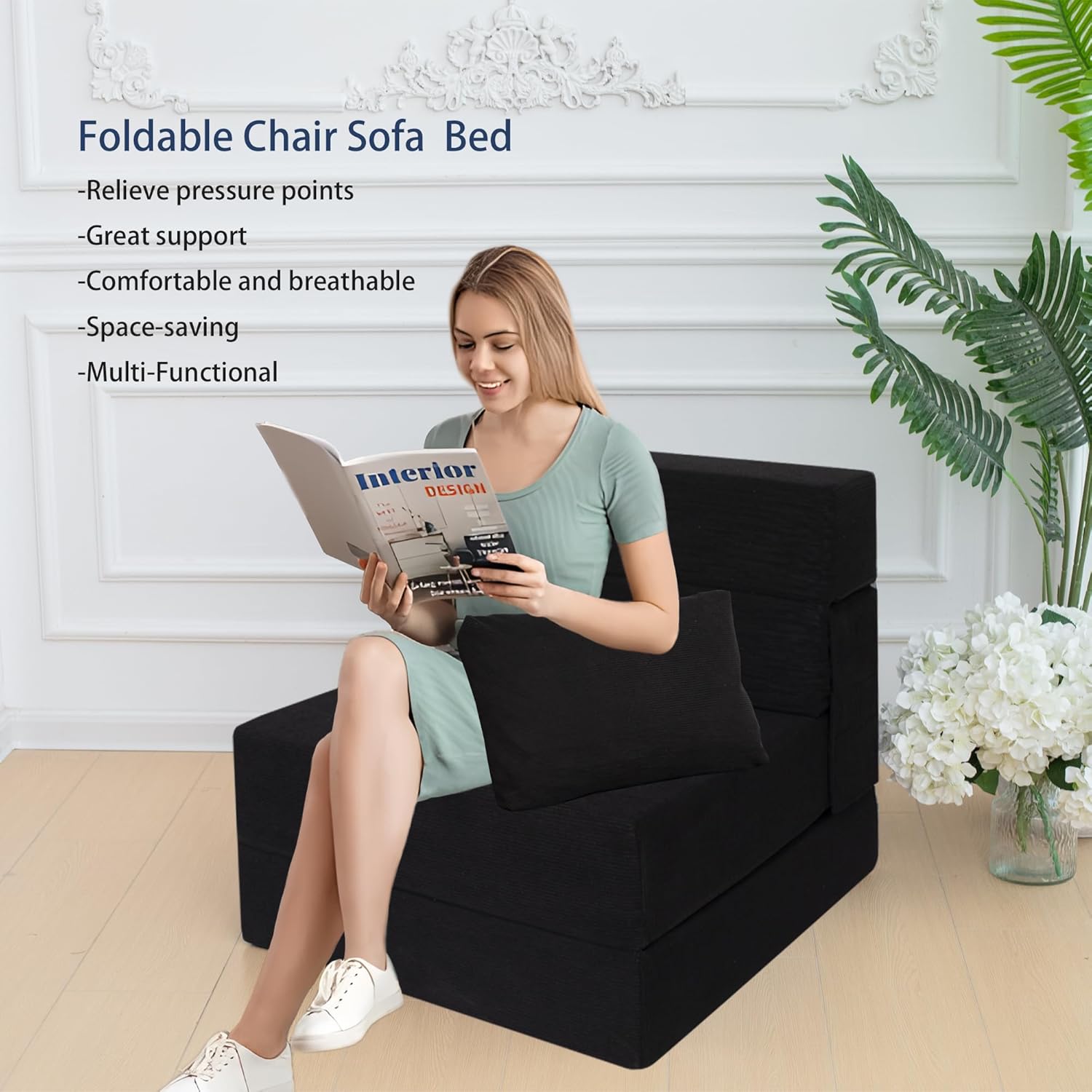 Folding Sofa Bed Chair with Pillow,Convertible Fold Out Chair Sleeper,Foam Floor Mattress, Foldable Futon Couch Bed for Living Room/Dorm/Guest/Office (Black Corduroy, Single)