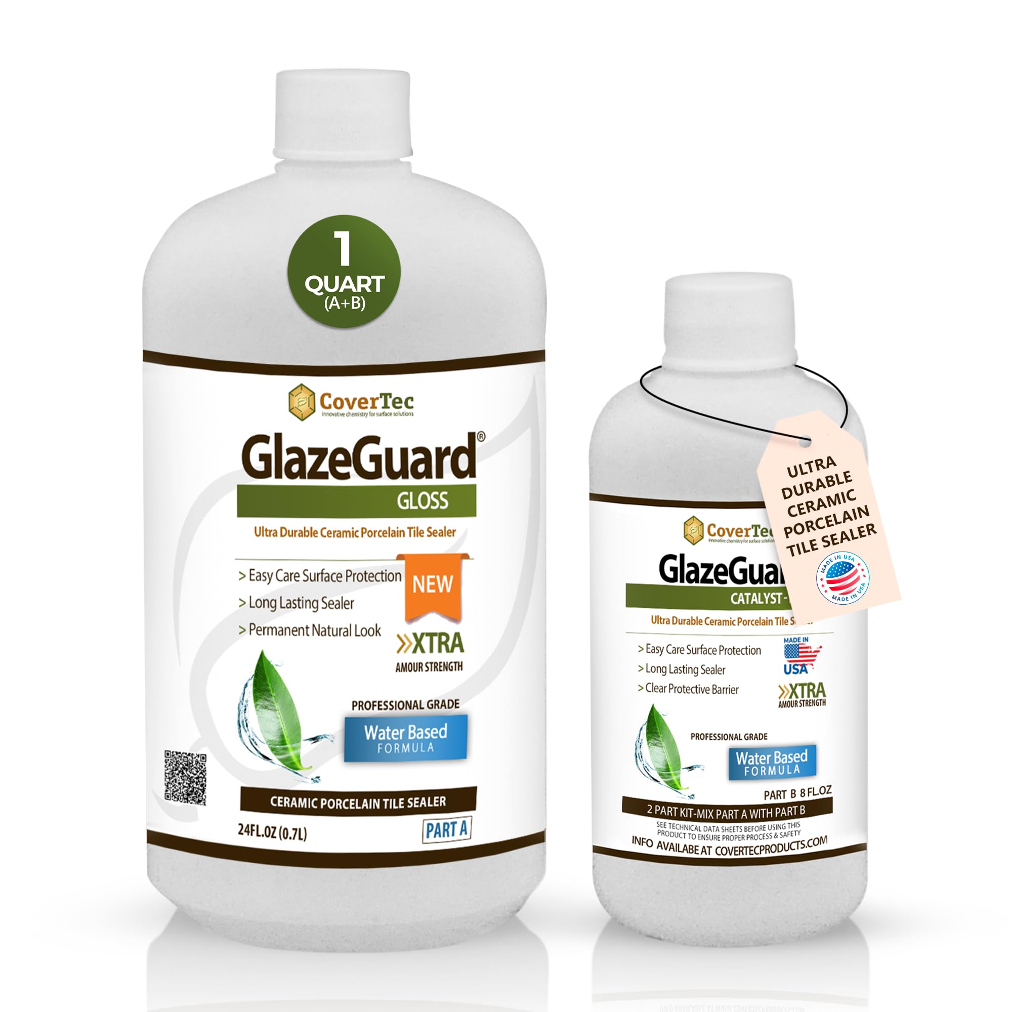 CoverTec GlazeGuard Gloss Floor, Wall Sealer for Ceramic, Porcelain, Stone Tile Surfaces Pro Grade (2 Part Kit A+B Combined = 1 Qrt)
