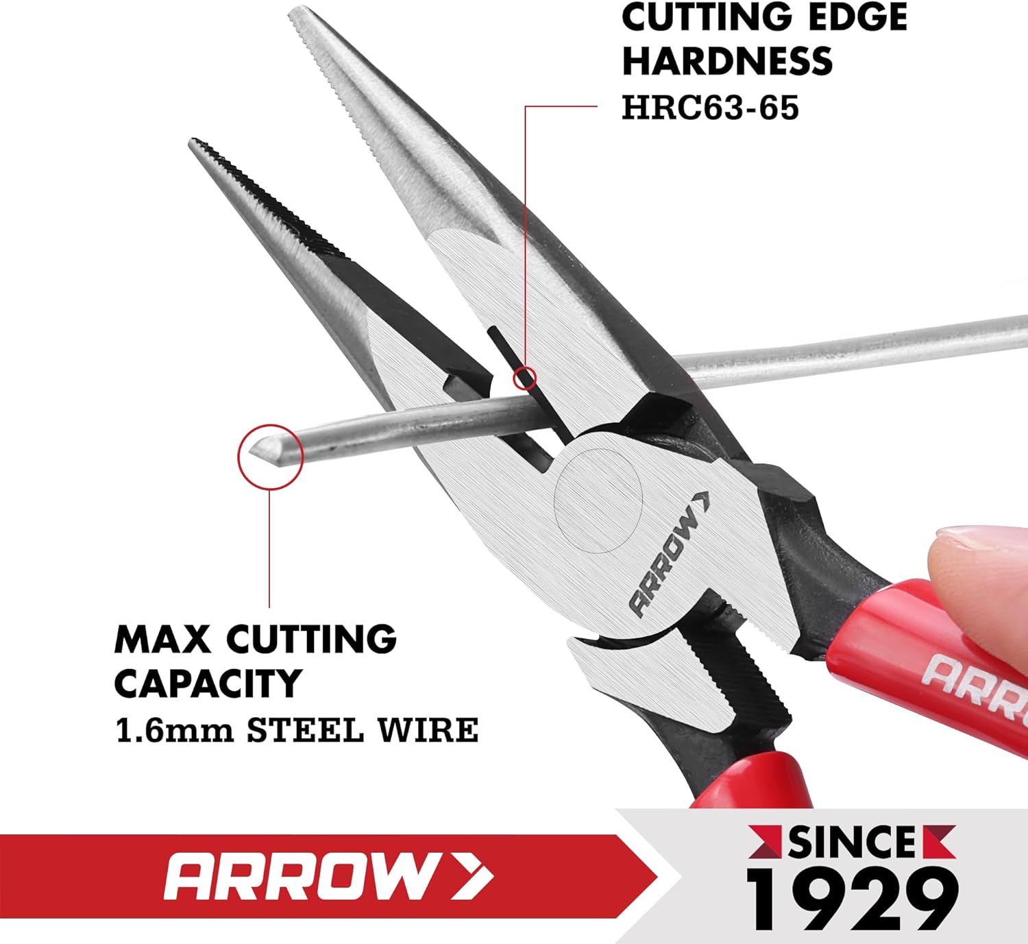ARROW 8" High Leverage Needle Nose Pliers with Side Cutters, Long Nose Pliers for Gripping, Wire Bending, Cutting (Pack of 2)