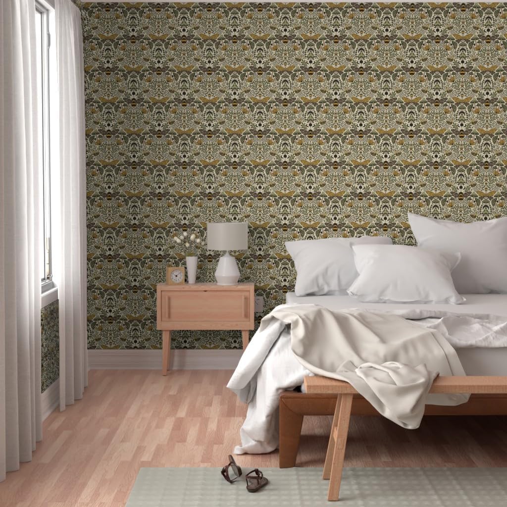 Removable Wallpaper 6ft x 2ft - Mushroom Botanical Art Nouveau Medium Scale Natural Habitat Bees and Moths Wildflowers Custom Pre-Pasted Wallpaper by Spoonflower