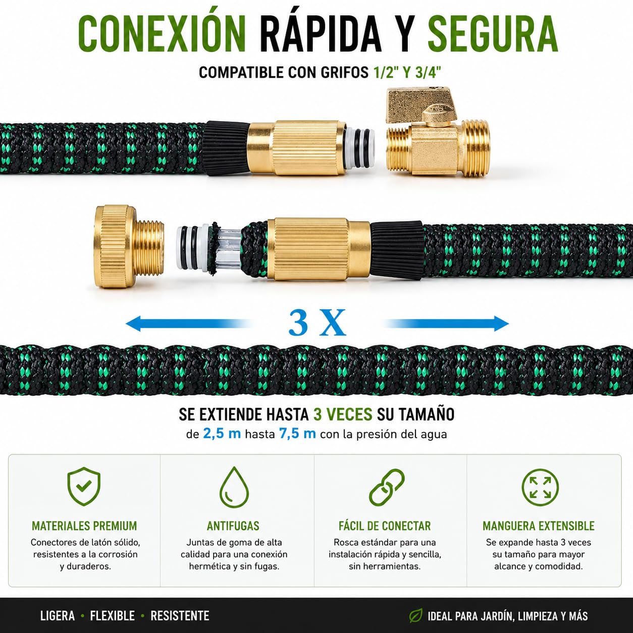 Manguera Extensible Jardín 7,5 m con Pistola de Riego Premium de 7 Modos, Conectores de Latón 1/2 y 3/4, Resistente y duradeea. Manguera agua flexible Reforzada Antifugas Alta Presión.
