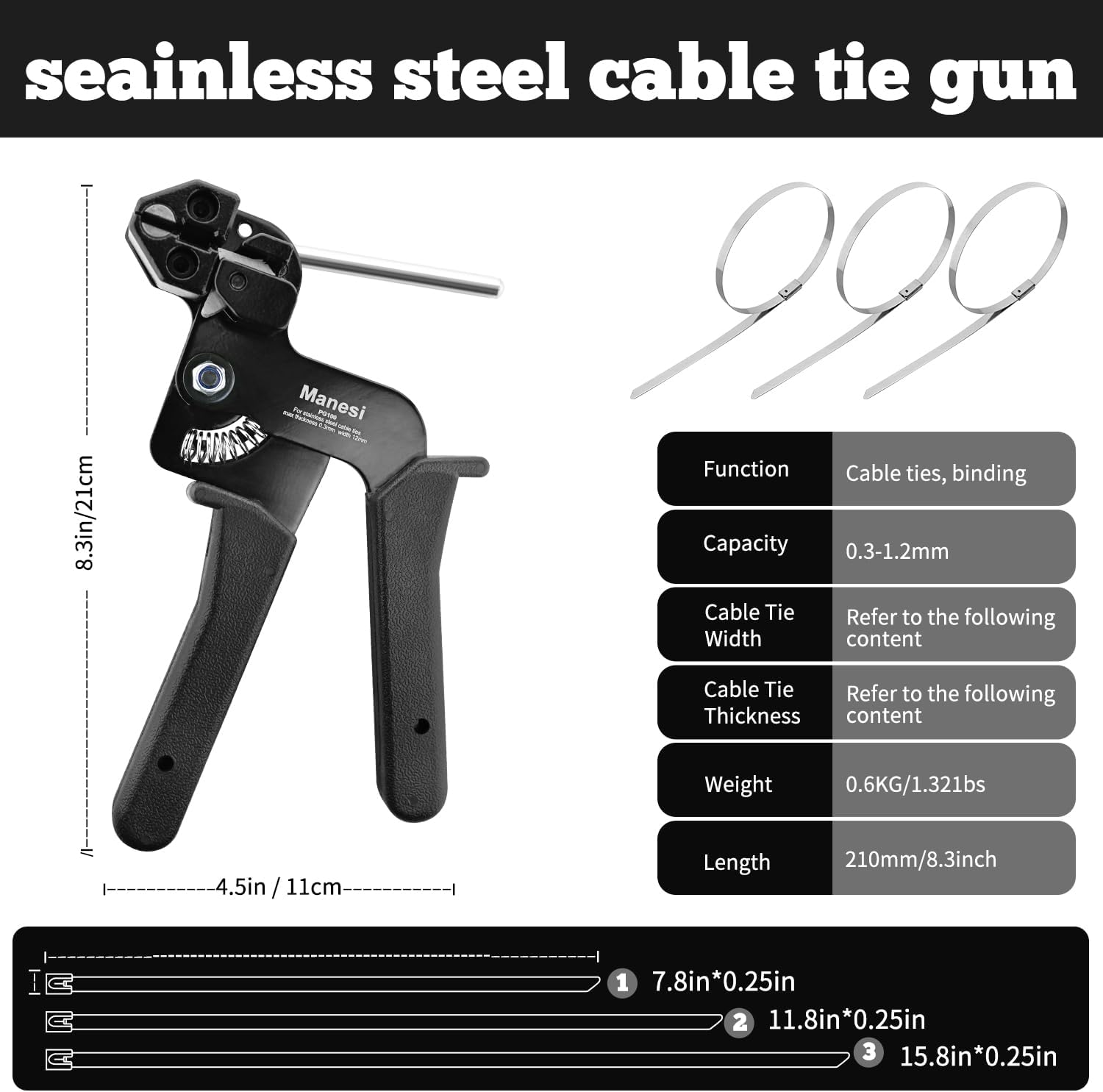 Stainless Steel Cable Tie Gun with 150 Pcs (50 Each: 8/12/16 Inch) Metal Zip Ties Tool, Heavy Duty Self-locking Cable Tie Gun Kit for Fastening and Cutting Fence Exhaust Pipe Outdoor