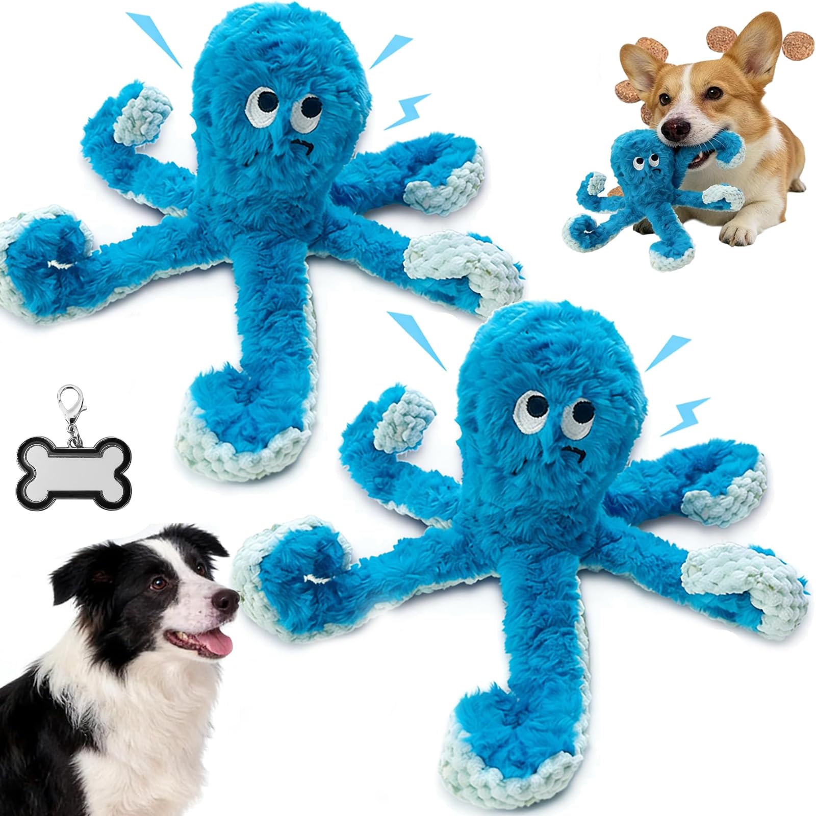 Qosigote Angry Octopus Dog Toy with Squeaker and Food-Dispensing Tentacles, Interactive Plush Teething Toy for Small Medium Large Dogs, Blue, 25x10x35cm (2pcs)