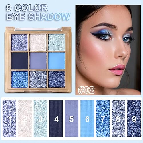 9 Colors Eye Shadow Palettes Makeup,Rose Gold Nude Brown Grey Smoky Eyeshadow Palette for Older Women,Natural Powde Eye Shadows Waterproof Long Lasting Naturing-Looking,Travel Size Makeup Pallete(9 Colors-02# Blue)