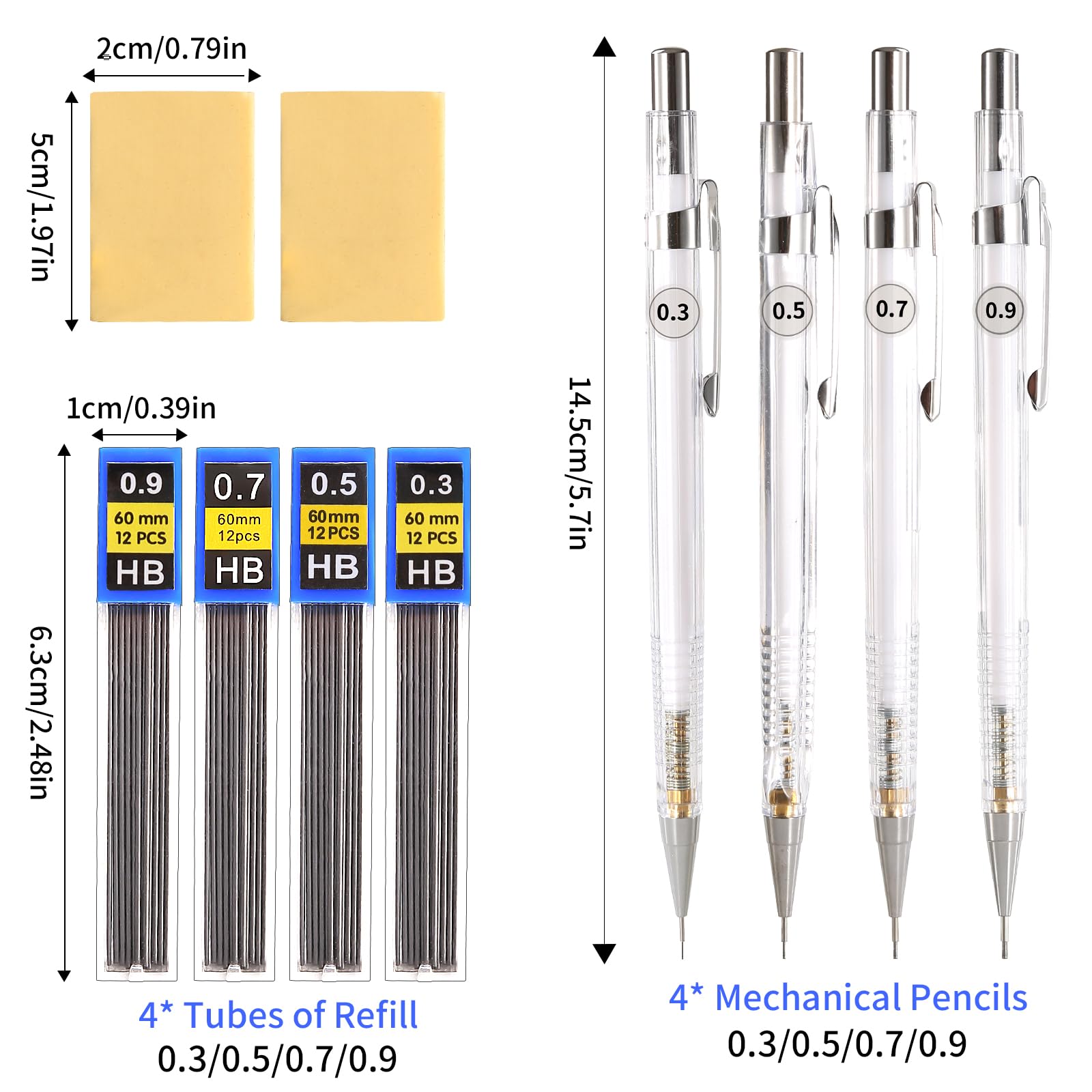 20 Stück Niedliche Druckbleistift-Set – 0,5 Mm & 0,7 Mm Mit Radiergummis & 400 Minen