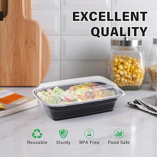 Miniatura 6 de Contenedor de preparación de comidas, paquete de 50 recipientes de almacenamiento de alimentos de 32 onzas con tapas, caja Bento desechable de