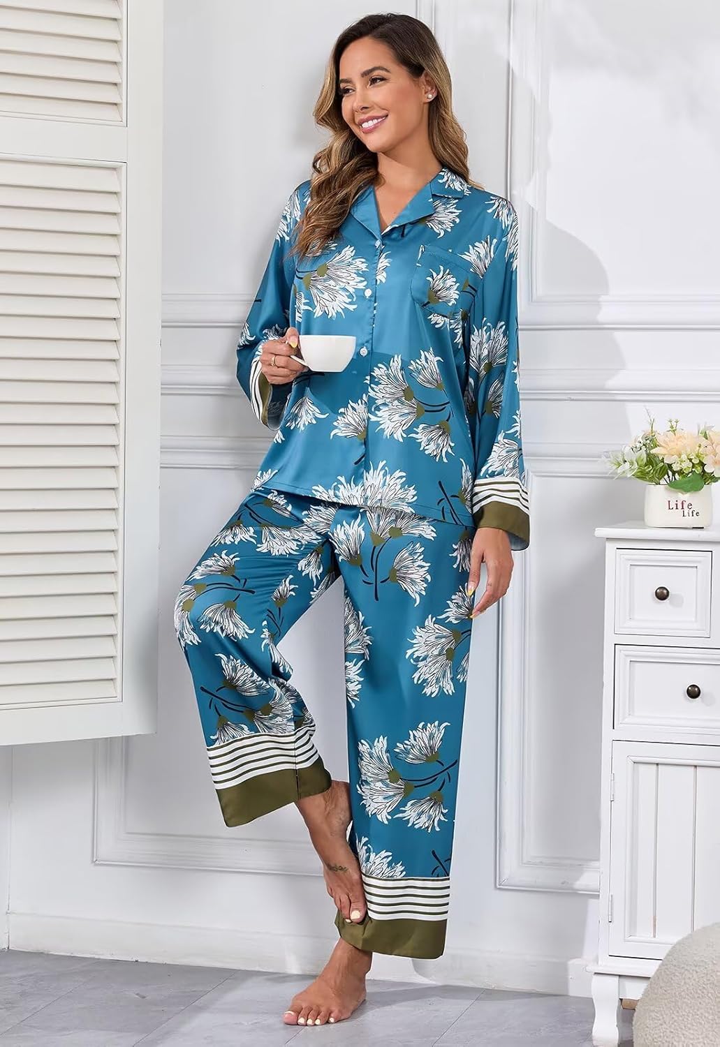 Brosloth Womens Silk Pajamas Floral Satin Pj Sets Button Up Long Sleeve Comfy Soft Fall 2 Pieces Lounge Sets - Image 3