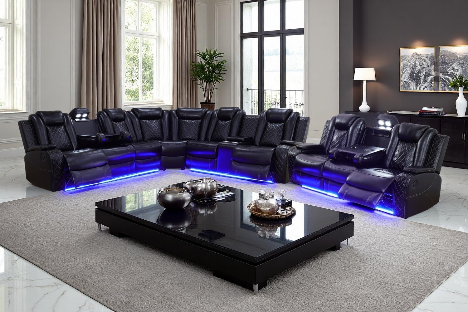Power Recliner Sectional Sofa Couches with LED Lights for Living Room, Black Leather Wall Hugger Reclining Corner Couch Sets with 4 Home Theater Seat, USB Port, Cup Holder, Storage Console