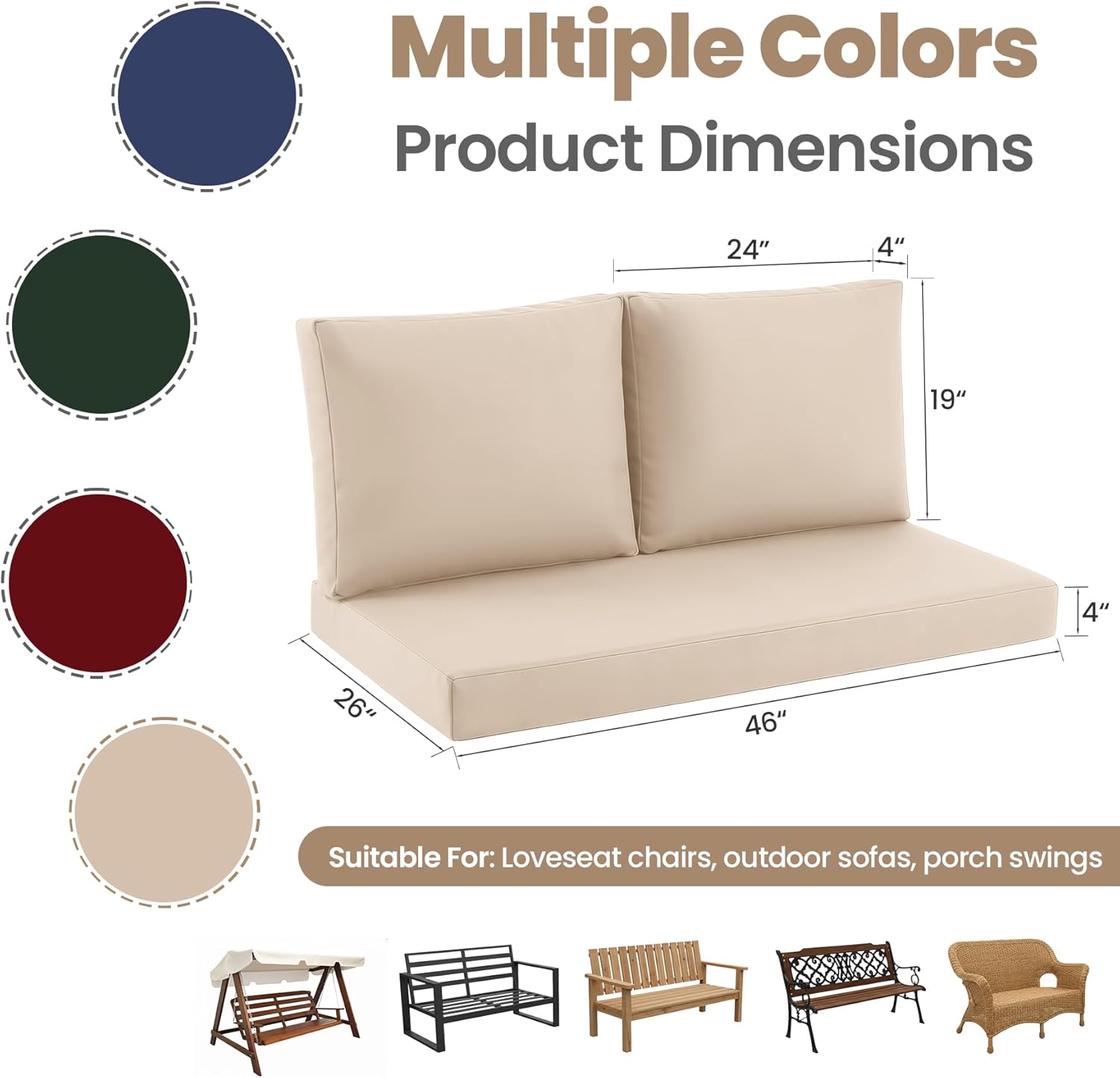 Outdoor Loveseat Cushion Set, 46" x 26" Loveseat Cushions for Outdoor Furniture, Waterproof & Fade-Resistant Patio Furniture Cushions, Deep Seat Cushion for Bench, Swing and Couch, Beige