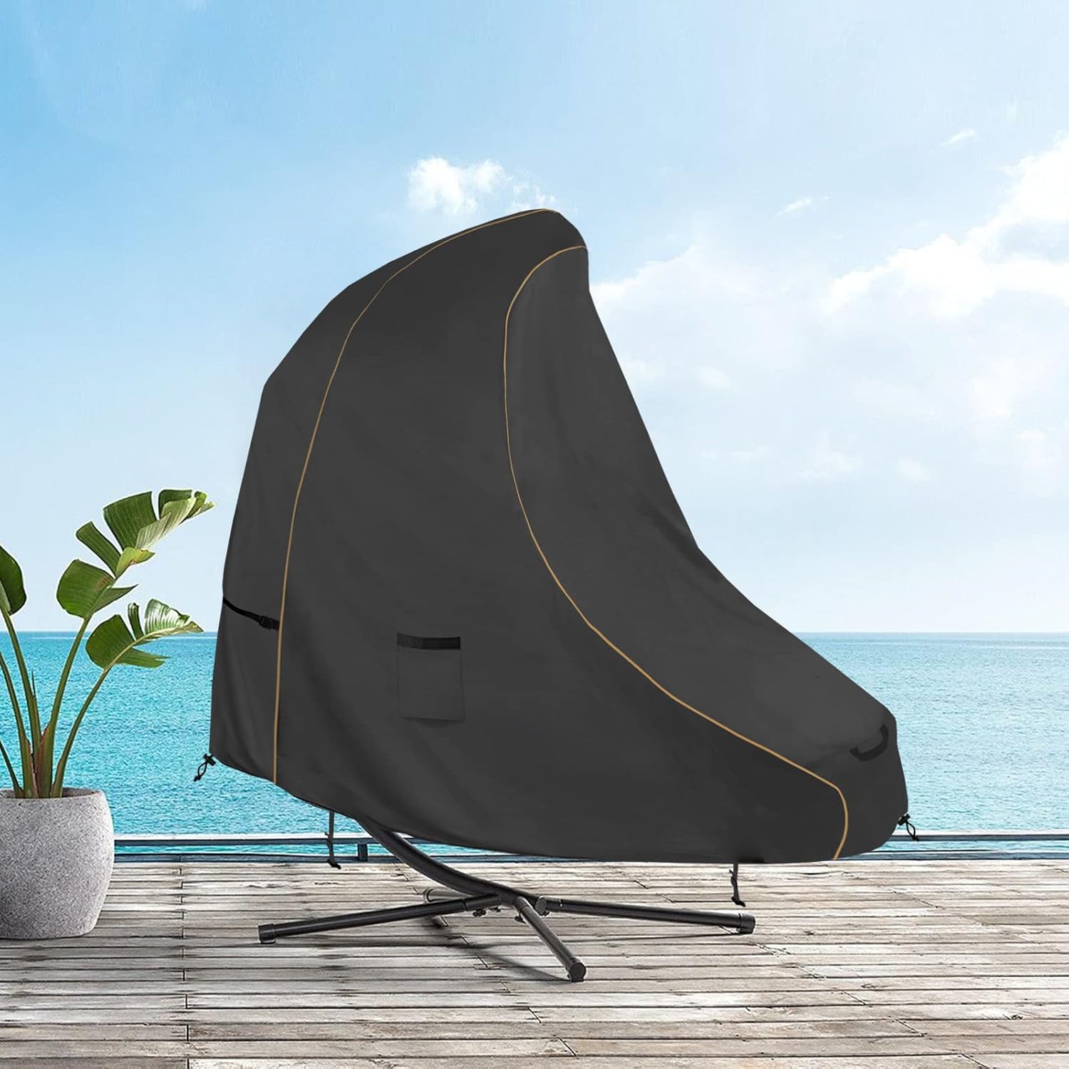 Bitubi 73 Inch Patio Hanging Chaise Lounge Cover - Classic Black 600D Tough Canvas Heavy Duty Waterproof Outdoor Curved Steel Hammock Chaise Lounge Chair Swing Cover