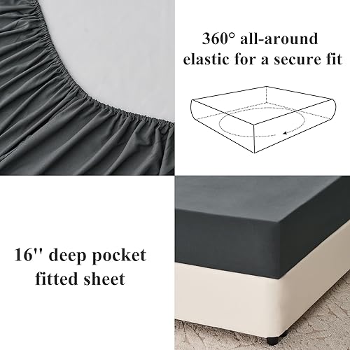 Miniatura 5 de Aisbo Juego de sábanas tamaño King, color gris oscuro, juego de sábanas bordadas de 4 piezas para hotel de lujo con bolsillo profundo de fácil
