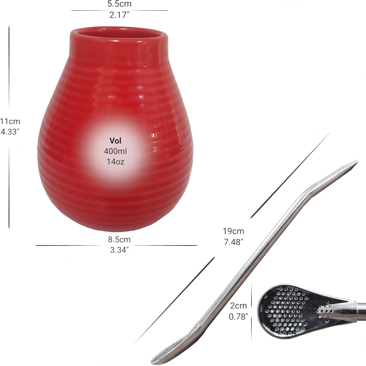 Gaucho Bruno Yerba Mate Ceramic Cup with Stainless Steel Bombilla Drinking Straw, Reusable - Image 3