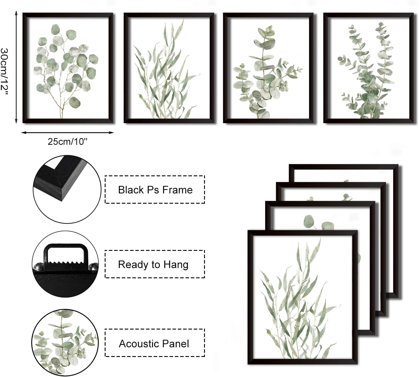Botanical Wall Art Set of 4, Sage Green Farmhouse Decor for Living Room Bedroom Office, Eucalyptus Leaf Prints Framed Pictures 10" x 12", Modern Boho Minimalist Nature Plant Artwork