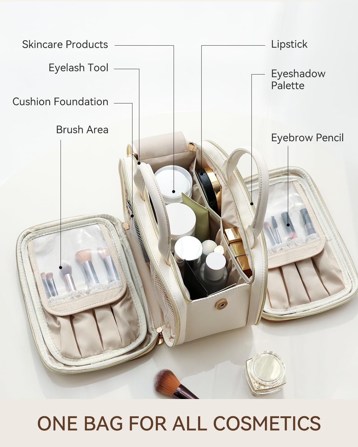 Prite Makeup Bag for Women, Large Capacity Waterproof Travel Cosmetic Organizer, Portable Open Flat Toiletry Bag with Free-standing Brush Holder and Handle(Beige Large) - Image 3