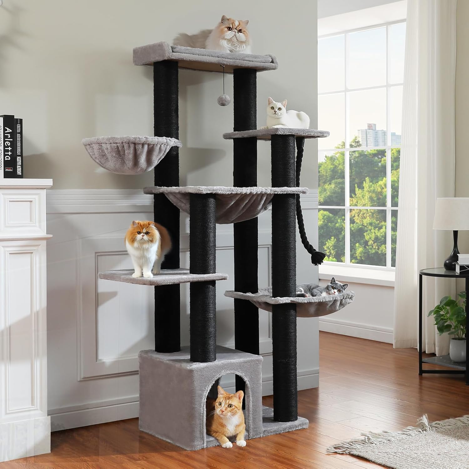 Maine Coon Cat Tree-67 Large Cat Tower for Indoor Cats Large Adult with 7 Thick Black Scratching Posts (φ4.3), Multi-Level Condo, Big Perch & Hammocks -Black