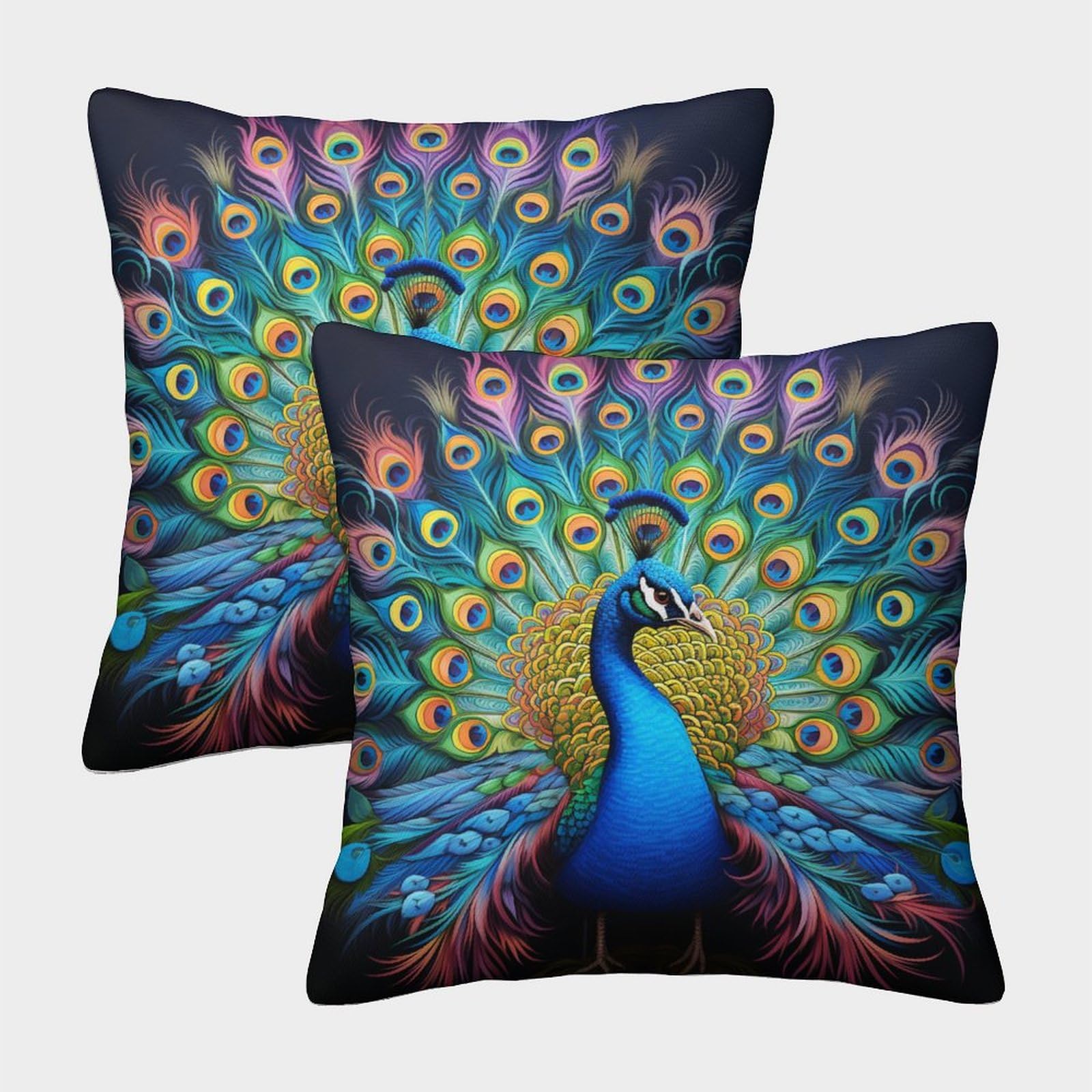 ZHUICHENG 3D Printed Peacock Square Pillowcases Beautiful Peacock Square Throw Pillow Garden Cushion Super Soft Pack of 2 for Sofa Couch Bed 50x50cm
