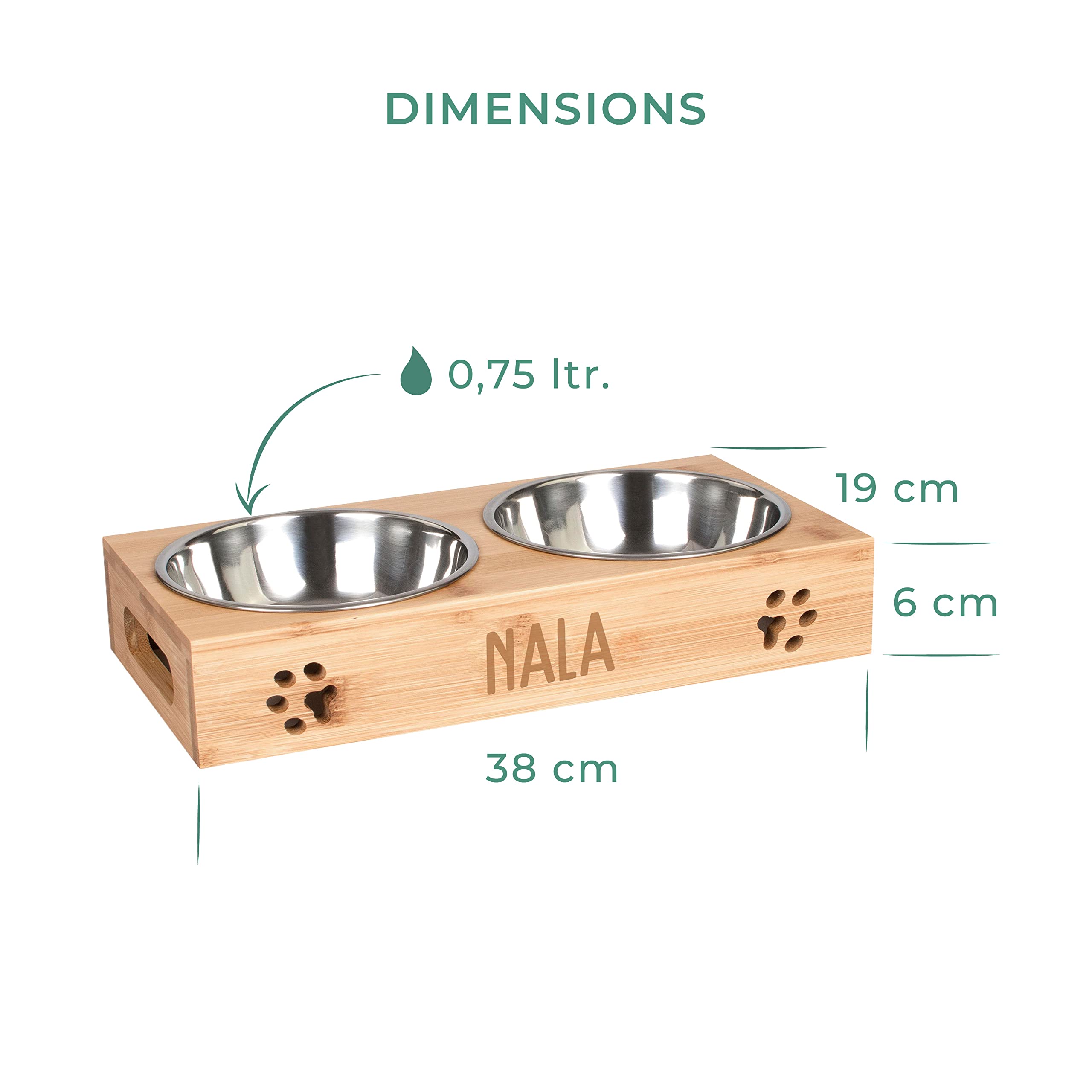 LAUBLUST Station d'alimentation pour Chiens personnalisée avec nom – Naturelle | 38x19x6cm, surélevée - Mangeoire et Abreuvoir pour Chats | 2 gamelles en INOX x 0,75L | Gamelle avec Gravure pour Chat