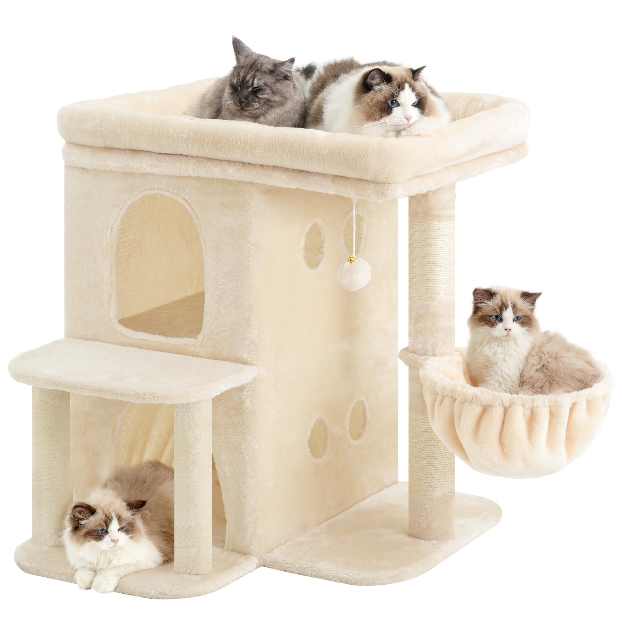 Heybly Albero Tiragraffi, Torre da 65 cm per Gatti Grandi con Piattaforma Spaziosa, Cabine a Due Livelli, Pali Graffiatori in Sisale, Cestino Confortevole e Pompom, Beige HCT204SM