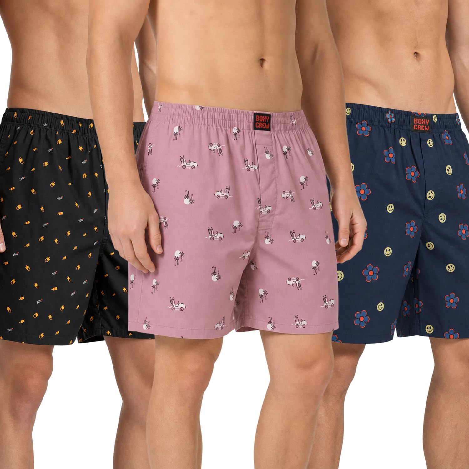 Men's 100% Cotton Printed Boxer Shorts Pack of 3 with Dual Side Pockets and Fabric-Covered Waistband - Black/Pink/Navy Blue, Styles MBX016, MBX028, MBX029-image-44