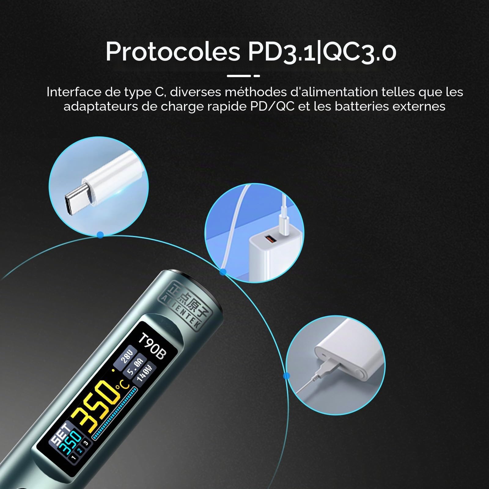 Kit de fer à souder 140 W, fer à souder numérique à chauffage rapide T90 Température réglable PD3.1/QC,Type-C Portable Écran OLED Affichage USB Stylo à souder C245 (T90B)