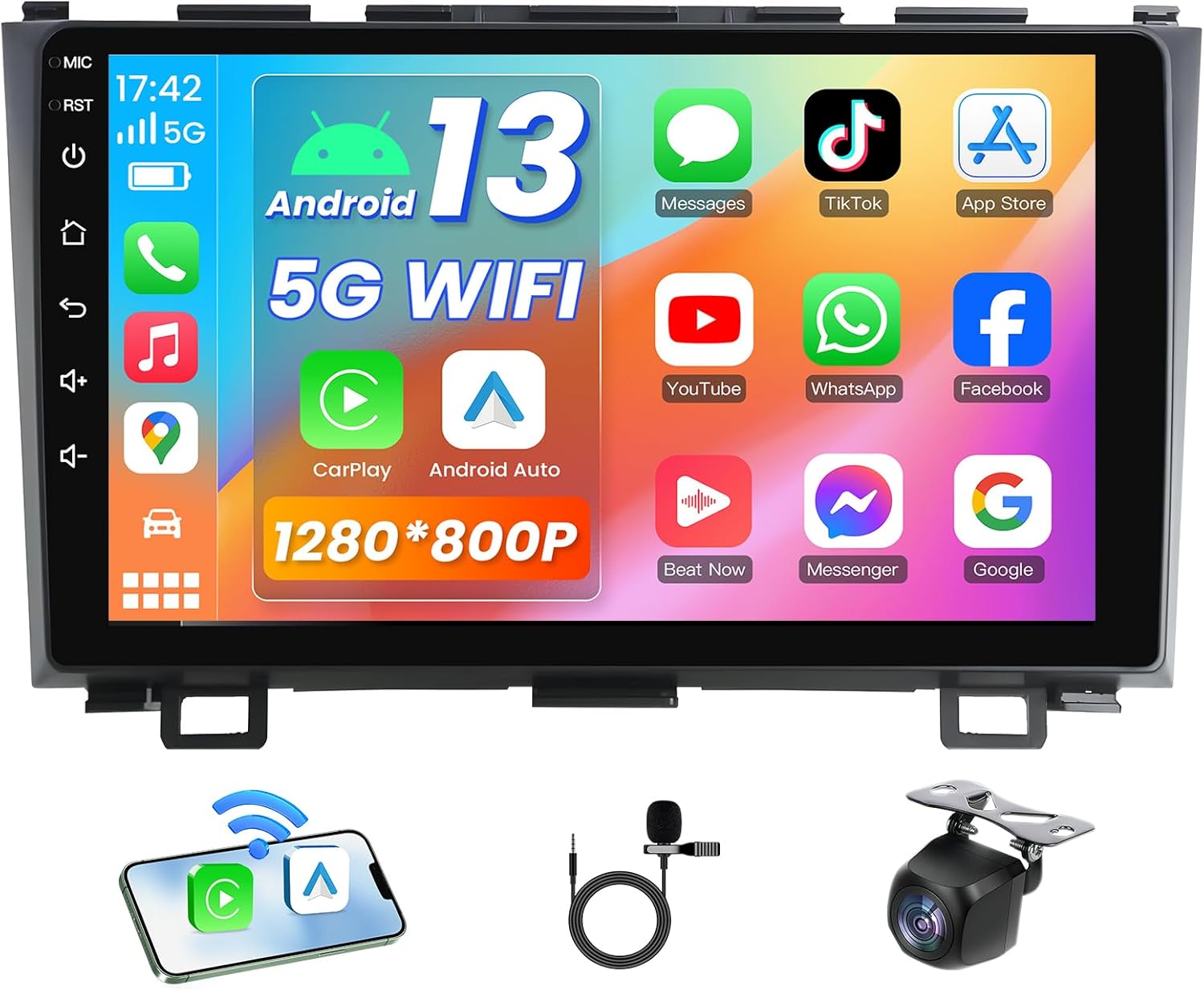 4G+64GB Car Stereo Radio for Honda CRV 2007-2011, 5G WiFi Wireless Carplay Android Auto 9 Inch 1280 * 800P Touchscreen GPS Navigation with Bluetooth 1080P Backup Camera SWC FM Radio