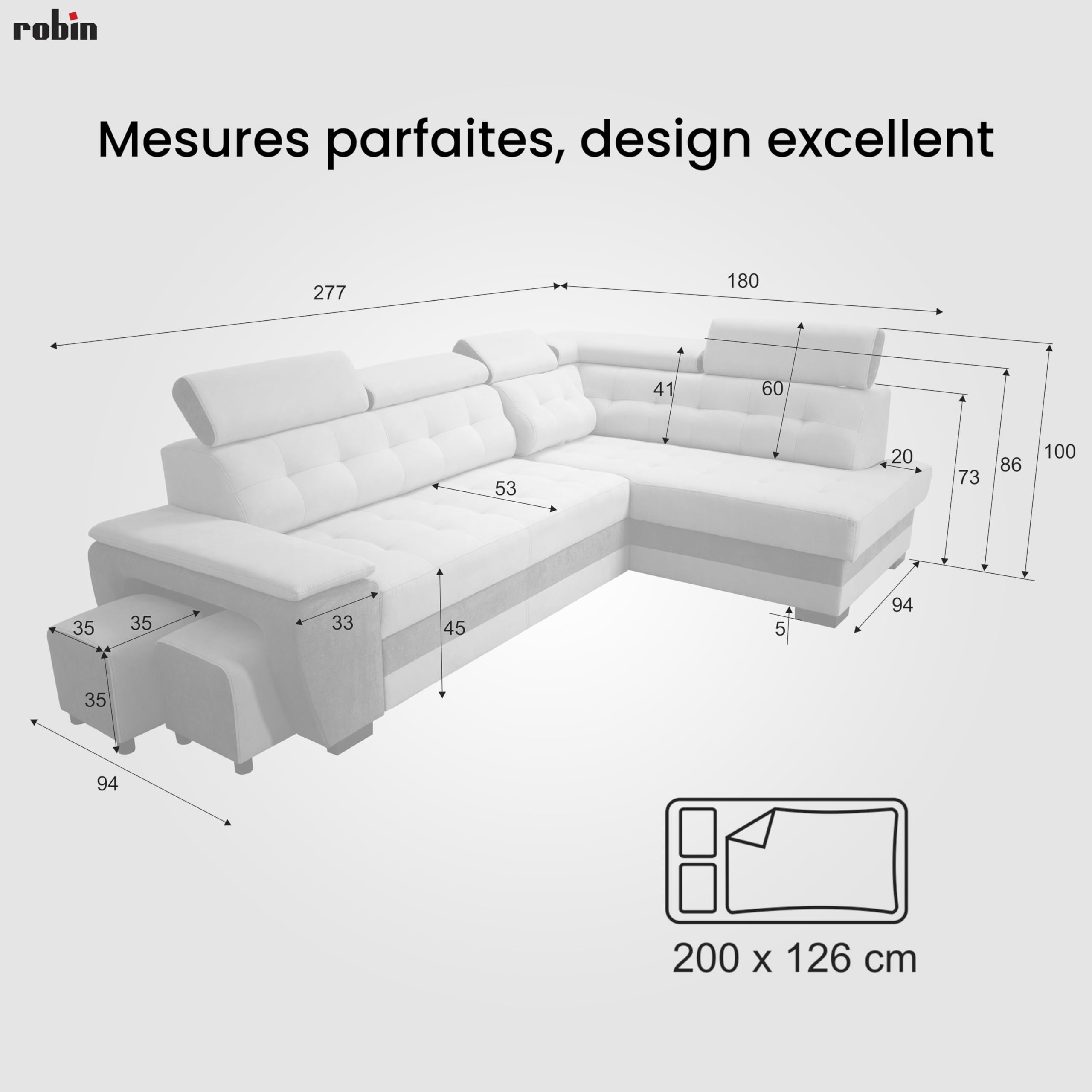 Robin Inspire Grand canapé d'angle Convertible avec Coffre de Rangement et Deux tabourets - Canapé d'angle autoportant en Forme de L - Appuie-tête réglables