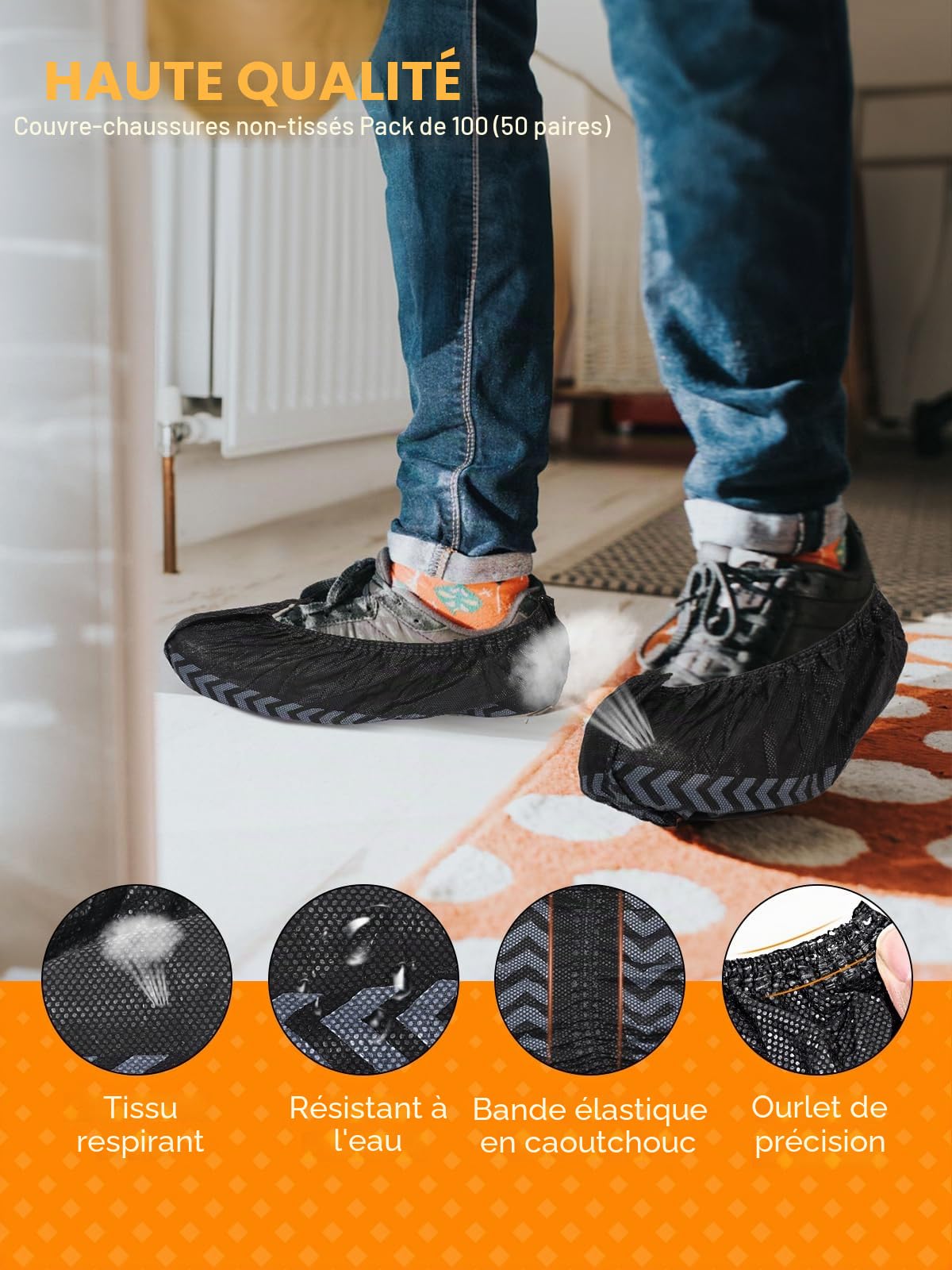 TOOSOFt Lot de 100 Surchaussures Jetables Noir en Tissu Non tissé Sur Chaussure Jetable Réutilisable - Couvre Chaussure Impermeable Antidérapants - Protege Chaussures Lavable pour le chantier