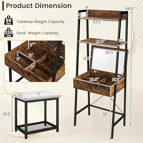 Miniatura 16 de GOFLAME Juego de mesa de tocador con espejo abatible, escritorio de tocador de escalera y taburete acolchado con estantes y compartimentos de blanco