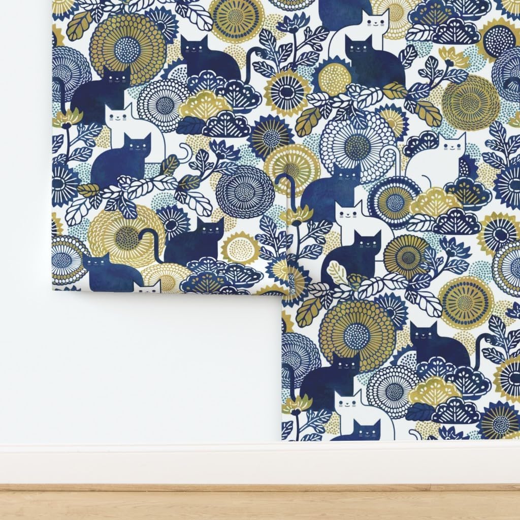 Peel & Stick Wallpaper 3ft x 2ft - Cat Vintage Floral Kawaii Whimsical Custom Removable Wallpaper by Spoonflower