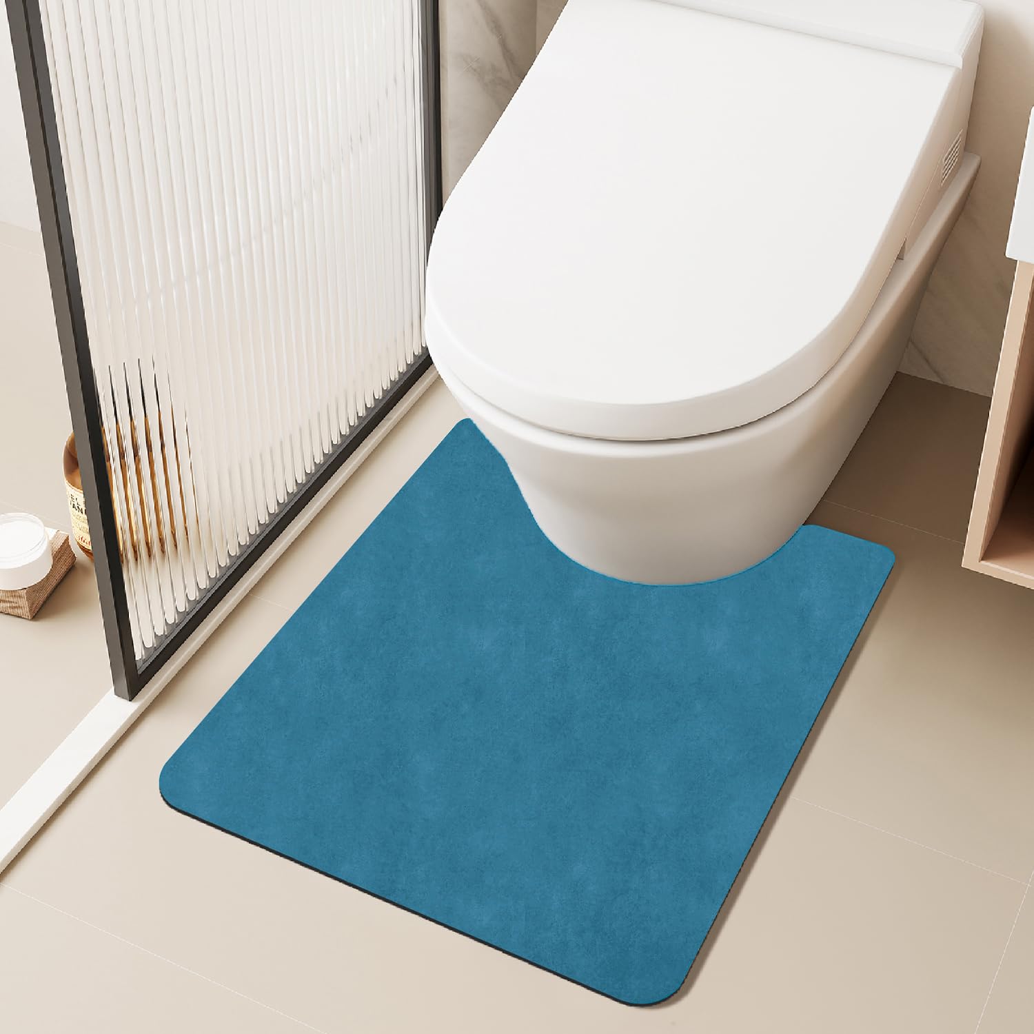 TYUU Toilet Rug, Thin Toilet Rugs U Shaped Washable Non Slip Absorbent Quick Dry Low Pile Toilet Mat, 20"x24" U Shape Denim Blue
