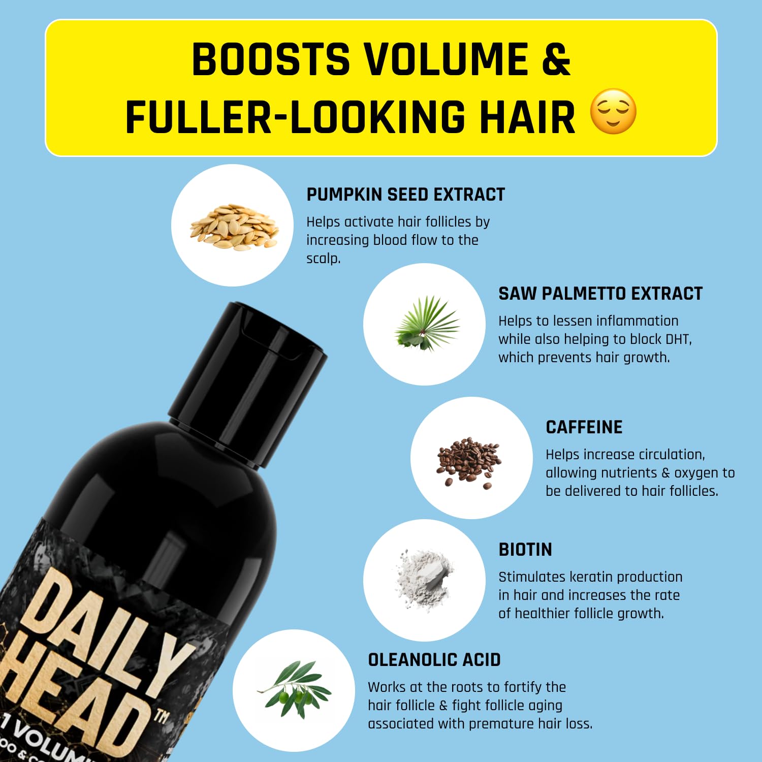 Derm Dude Daily Head 2-in-1 Volumizing Shampoo & Conditioner for Men | Thickening Hair Wash with Biotin, Saw Palmetto & Caffeine | Strengthens, Cleans & Boosts Fuller-Looking Hair, 8oz - Image 3