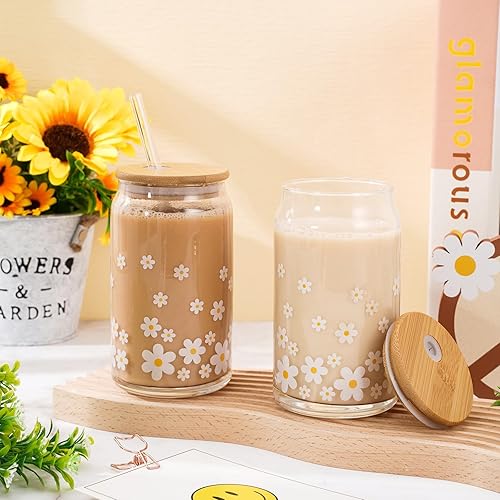 Miniatura 3 de Whaline Paquete de 2 vasos de cristal de margaritas con tapas y pajitas de 16 onzas, inspirador, estético, bohemio, margaritas, vaso para beber café