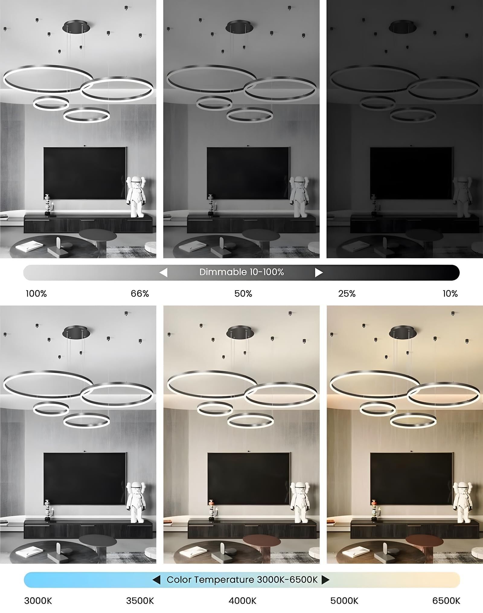 Moderner LED-Kronleuchter DIY Kreis LED-Pendelleuchte Metall + Acryl Fernbedienung Dimmbar Runde Deckenleuchte Wohnzimmer Schlafzimmer(Nero,B-40+60+80CM)