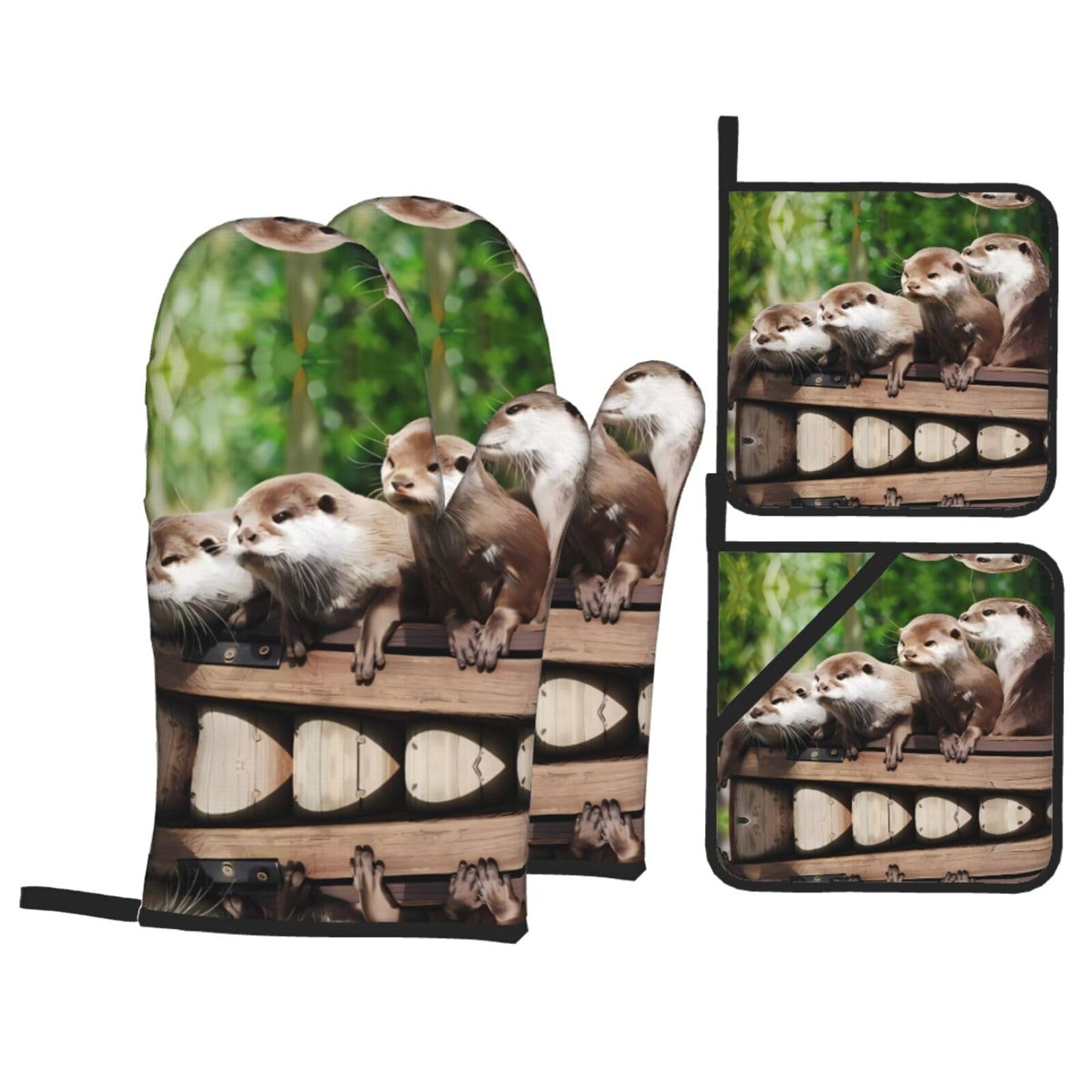 YYHHAOFA Four cute otters Prints Kitchen Baking Set with Heat Resistant Pot Holders & Oven Mitts - Waterproof Layers for Cooking, Grilling & Serving, Includes Pocket Layer