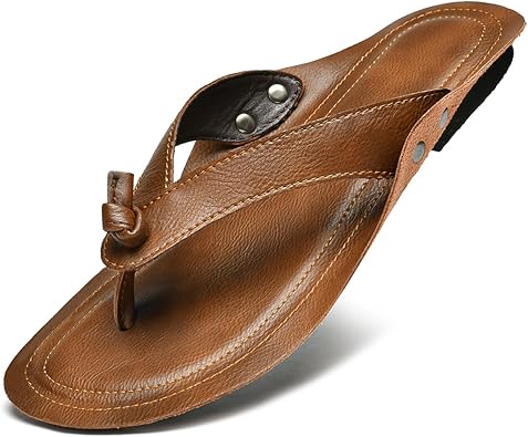 Lossarye Mens Leather Flip Flops Slides Casual Comfortable Retro Thong Sandals Summer Non-Slip Beach Sandals