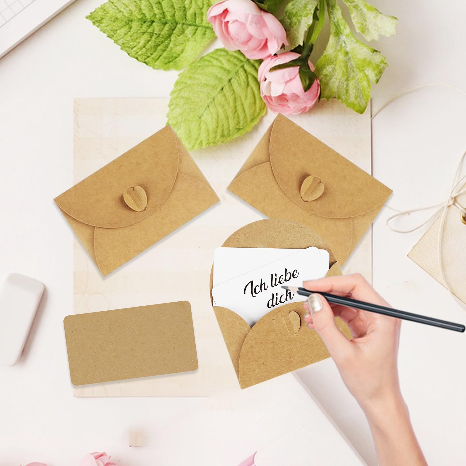 100 Stück Mini Briefumschläge Mit Herzverschluss & 100 Blanko-Karten – Kraftpapier, Für DIY & Geschenke