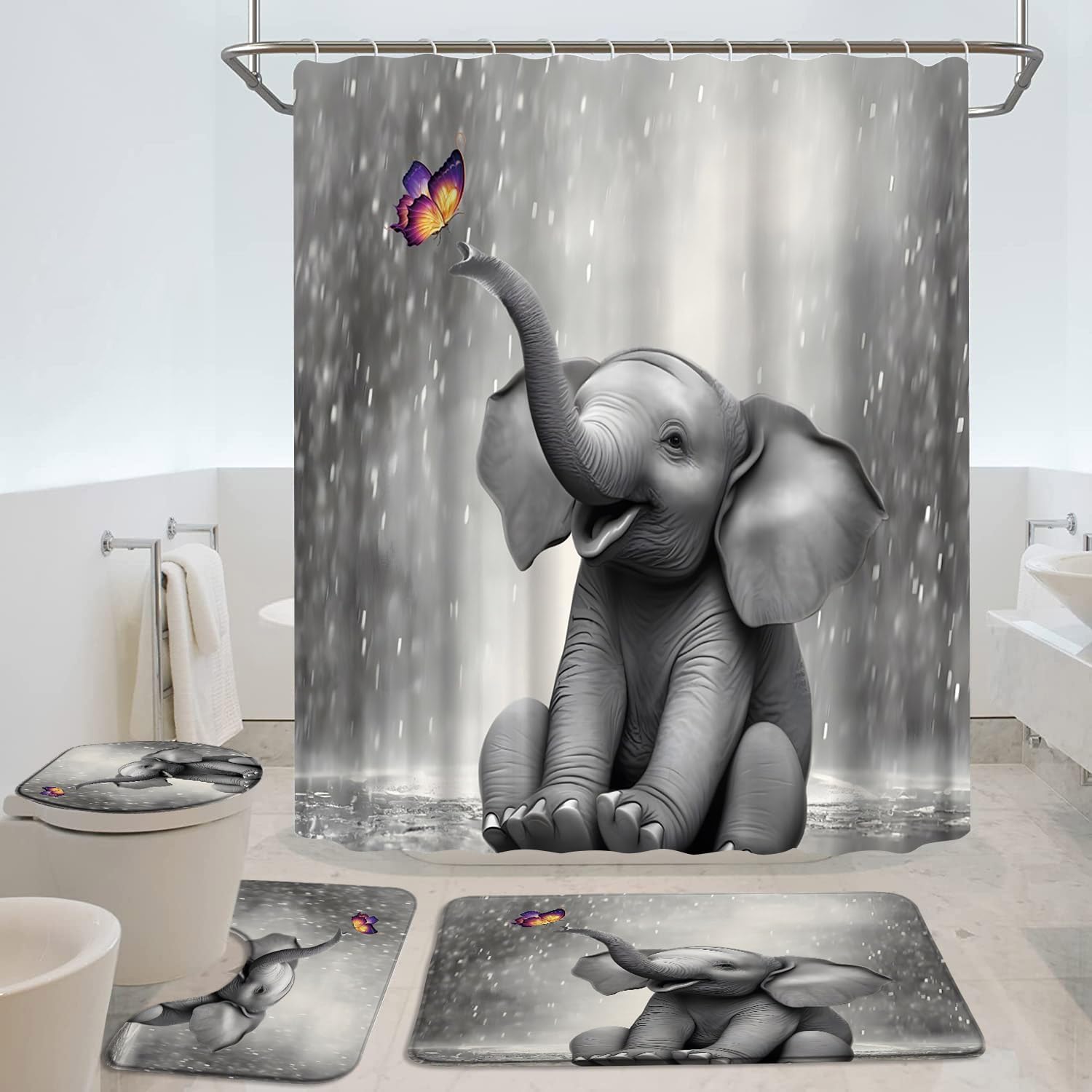 4Pcs Cute Elephant Shower Curtain Sets with Bath Rug U Shape Mat and Toilet Lid Cover Grey Animal Butterfly Funny Wildlife Modern Bathroom Decor Curtains Set with 12 Hooks