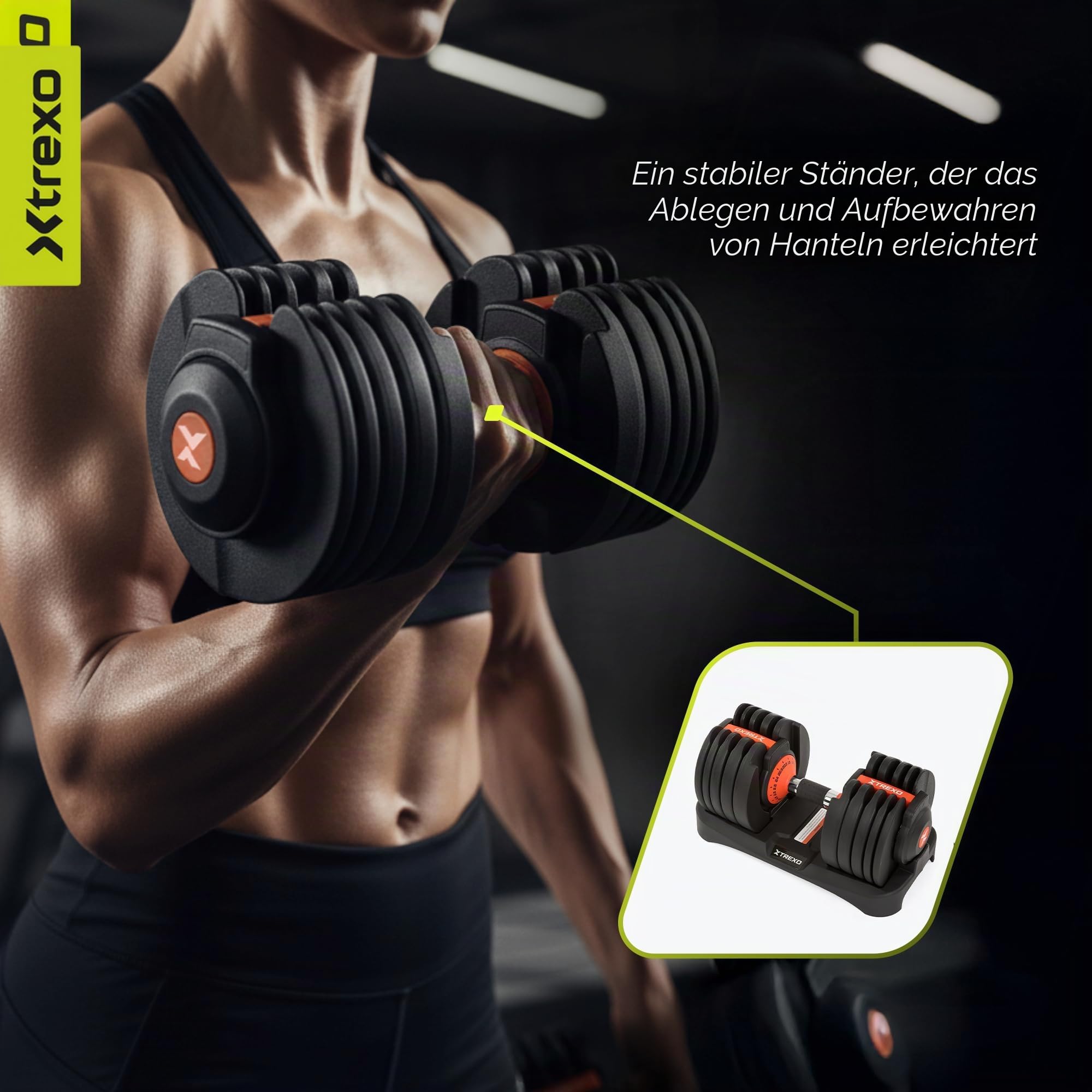 Schnelle Gewichtsanpassung im Griff – Trexo EVO Verstellbare Kurzhantel – Stahlzahnrad & rutschfester Chromgriff – 24 kg Set mit Ablage – für Krafttraining im Home Gym