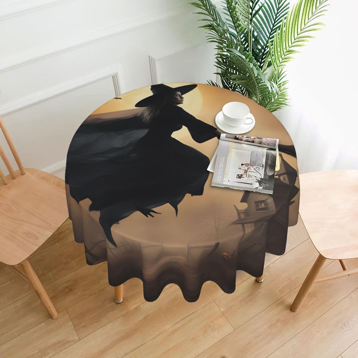 Halloween Witch Flying 2 Print Wrinkle Free Dining Table Cover for Birthday Party Farmhouse Tablecloths Up to 60 x 60 Inches