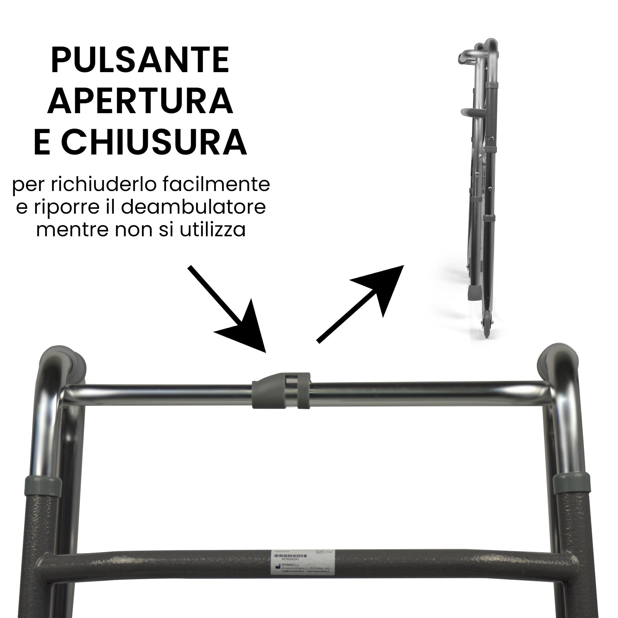Azione Salute Deambulatore pieghevole, regolabile in altezza con 2 ruote e 2 puntali antiscivolo, da interno leggero e di facile utilizzo