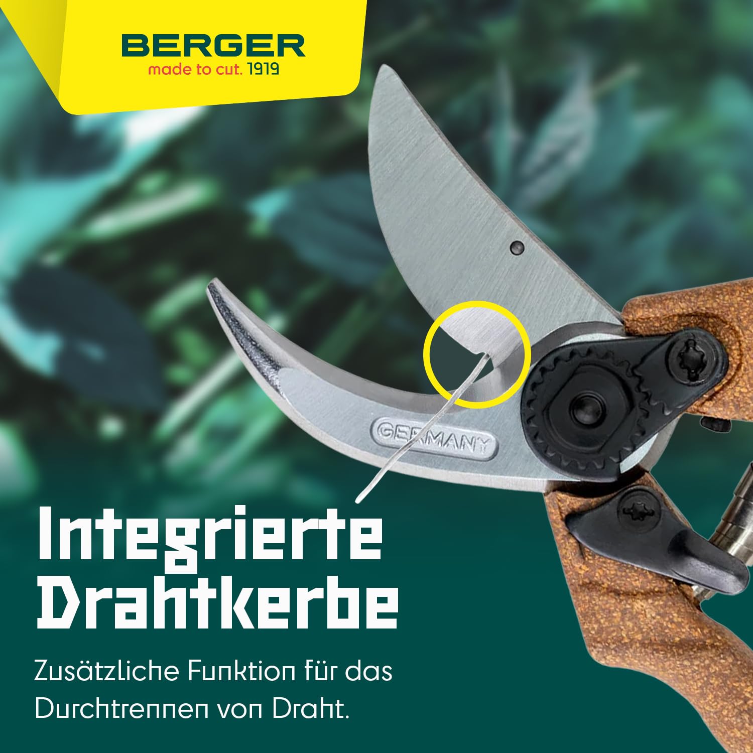 BERGER Handschere Bypass Klassik C1200 | Klassische Gartenschere mit geradem Schneidkopf & Korkgriff | Robuste Profi Blumenschere aus Metall mit Einhandverschluss | KWF-zertifiziert | Made in Germany