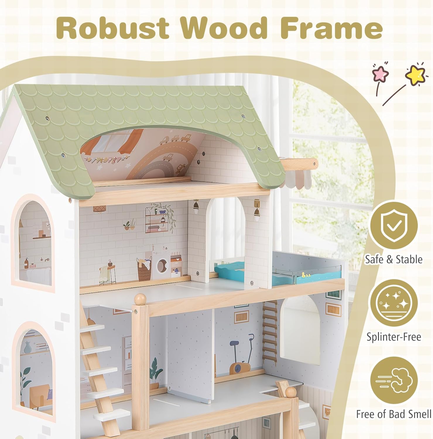 Costzon Wooden Dollhouse, Kids DIY Pretend Playhouse w/ 33 PCS Furniture Accessories, Modern Family Play House Toy w/Balcony, Pool for Girls & Boys Ages 3+ Years Old