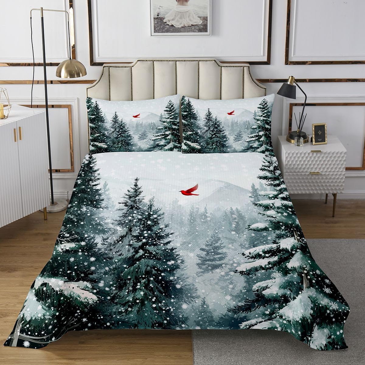 Manfei Merry Christmas Bedspread Twin Size,Geometric Snowflake Bedding for Kids Teens Bedroom Decor,Winter Snowflakes Coverlet Set,Red Quilt Set for All Season,2 Pcs with 1 Pillowcase