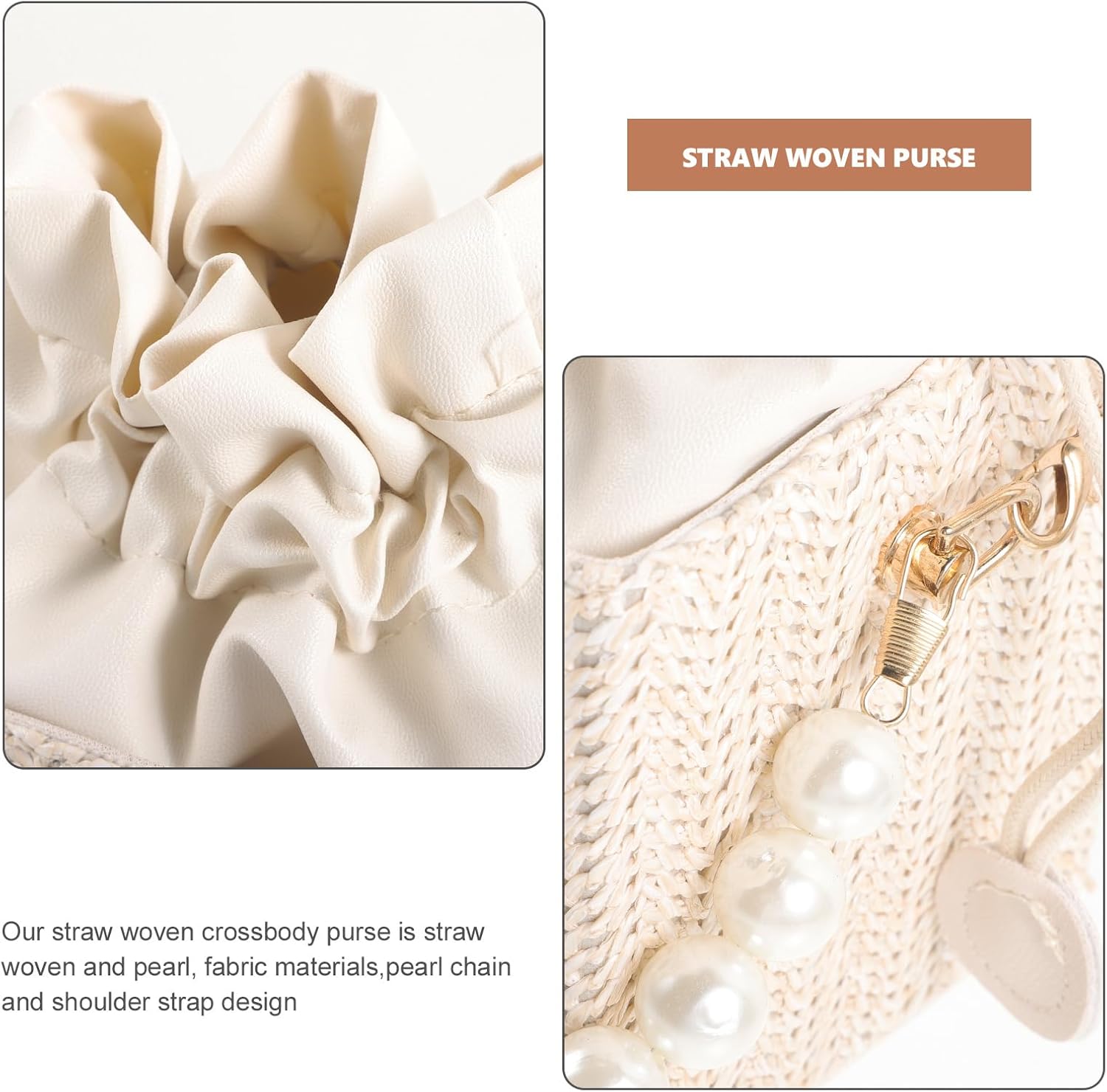 Straw Pearl Crossbody Bag Straw Drawstring Purse Rattan Bucket Bag With Pearls Chain Shoulder Purse Beach For Women Lady