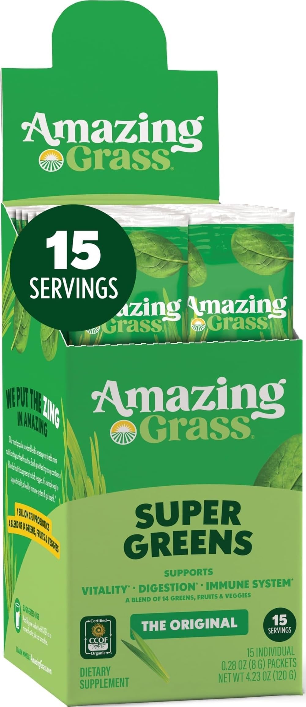 Amazing Grass Super Greens Powder Stick Packs Original, 15 Servings | Organic Greens Superfood Powder with Spirulina, Beet Root, Probiotics & Digestive Enzymes to Support Digestion