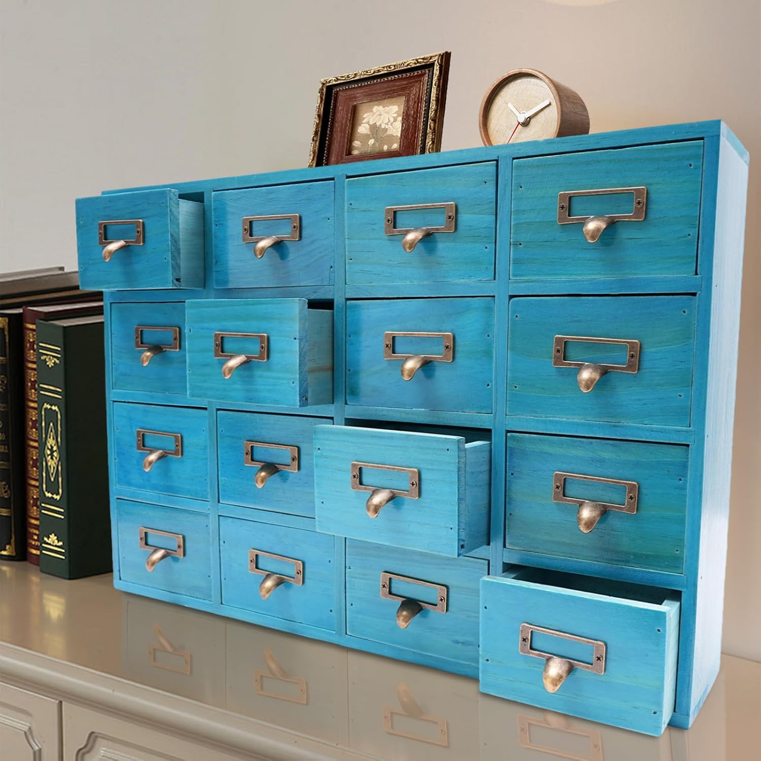16 Drawers Apothecary Cabinet with Drawers Herb Storage Box, Wooden Desk Drawer Organizer Library Card Catalog Cabinet,Desktop Storage Cabinet Box for Herbal Crystals Cosmetics Perfume, Blue