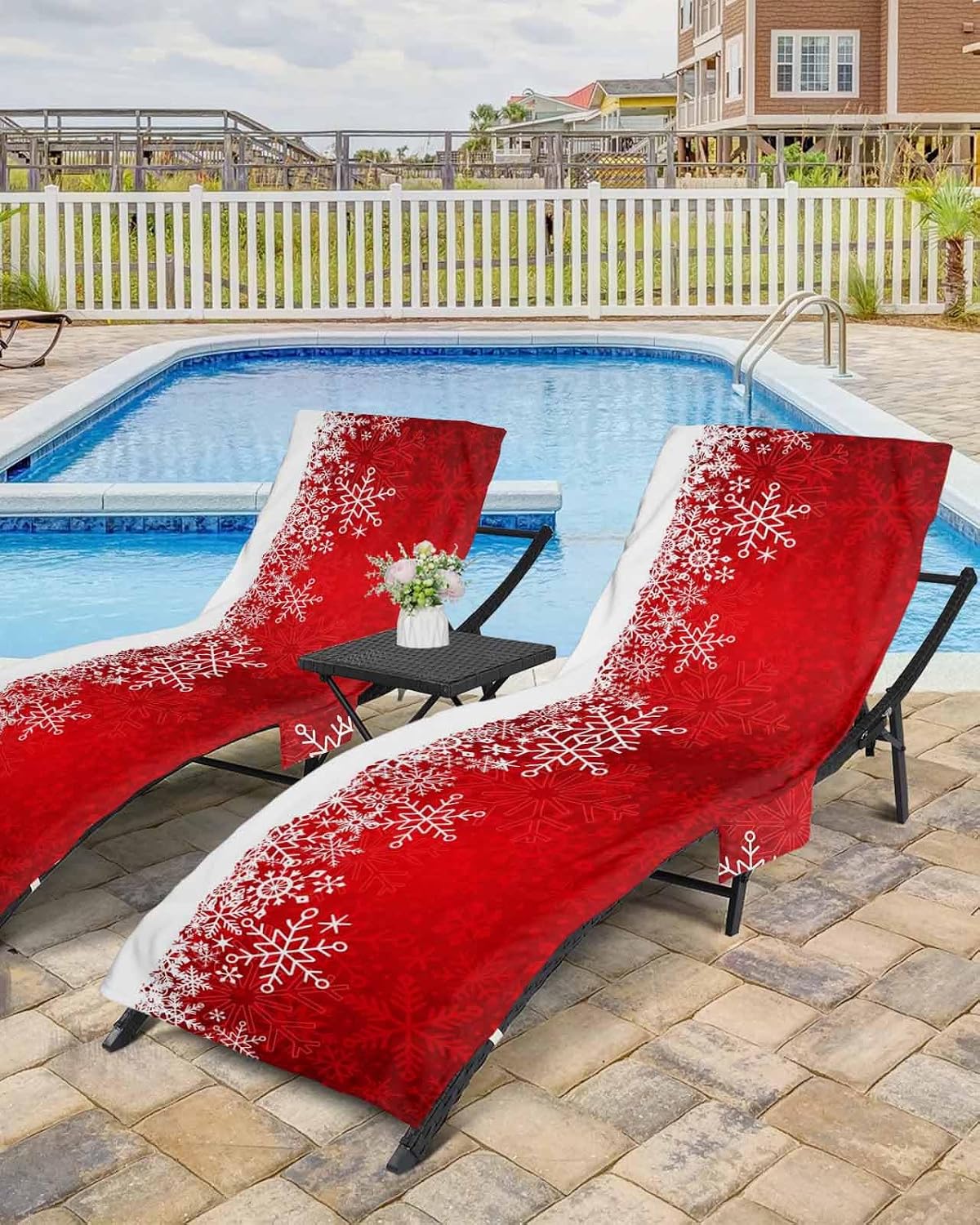Red Christmas Beach Pool Patio Lounge Chaise Chair Cover Towel With Pockets,Absorbent & Quick Dry Microfiber Towel Cover Bag Summer Accessories for Sunbathing Winter Snowflake Ombre Colored Aesthetics