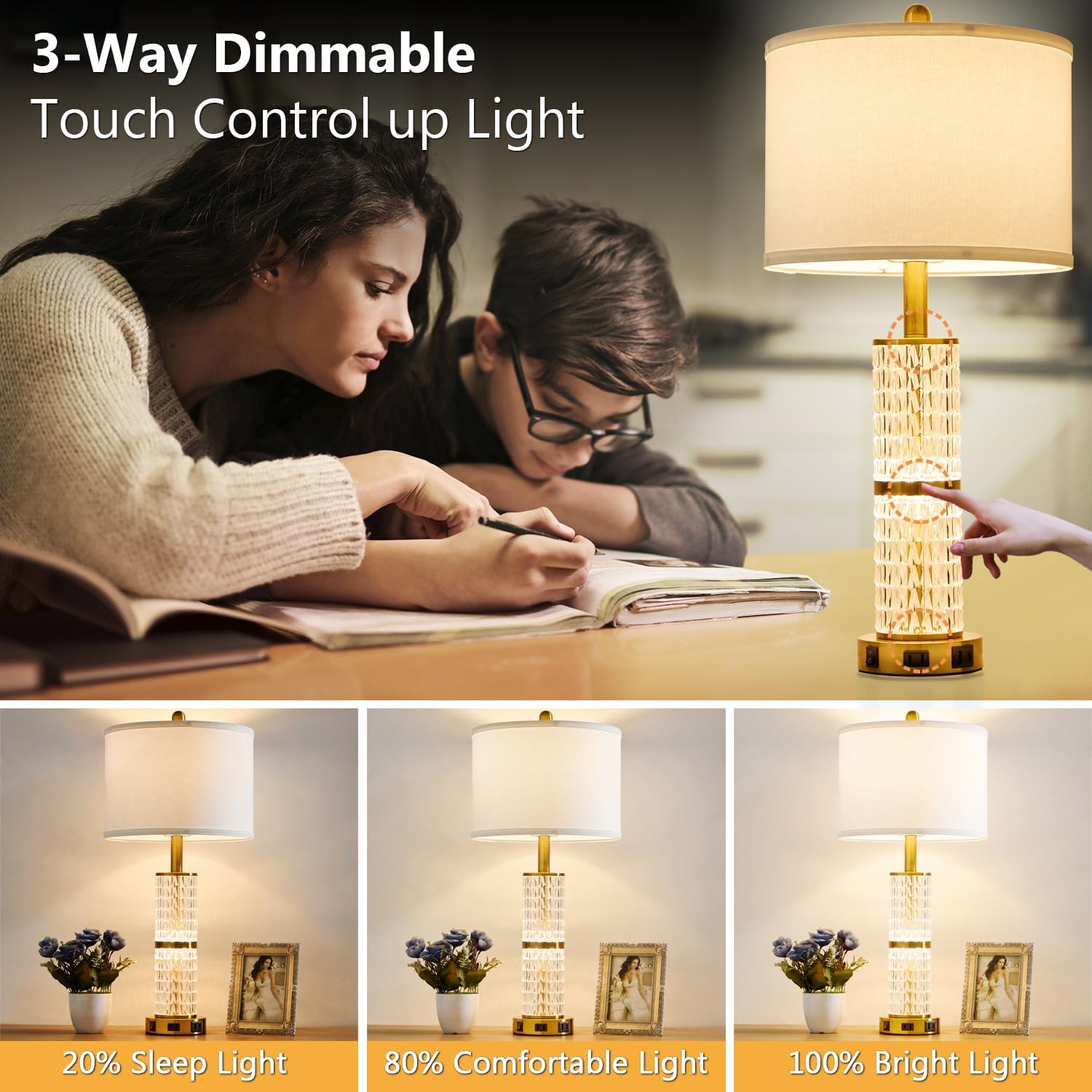 SAIWEYA Crystal Table Lamps Modern 3-Way Dimmable Bedside Lamp with 2 USB Ports & AC Outlets for Living Room Bedroom Nightstand Lamp Night Light